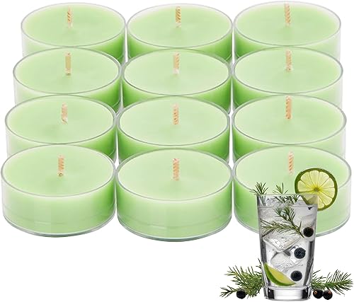 PartyLite Juego de 12 Velas de Té Muestra, Juego de Regalo de Velas Perfumadas Aromaterapia Sabor Gin & Tonic, Tiempo de Quema de Hasta 4 a 6 Horas