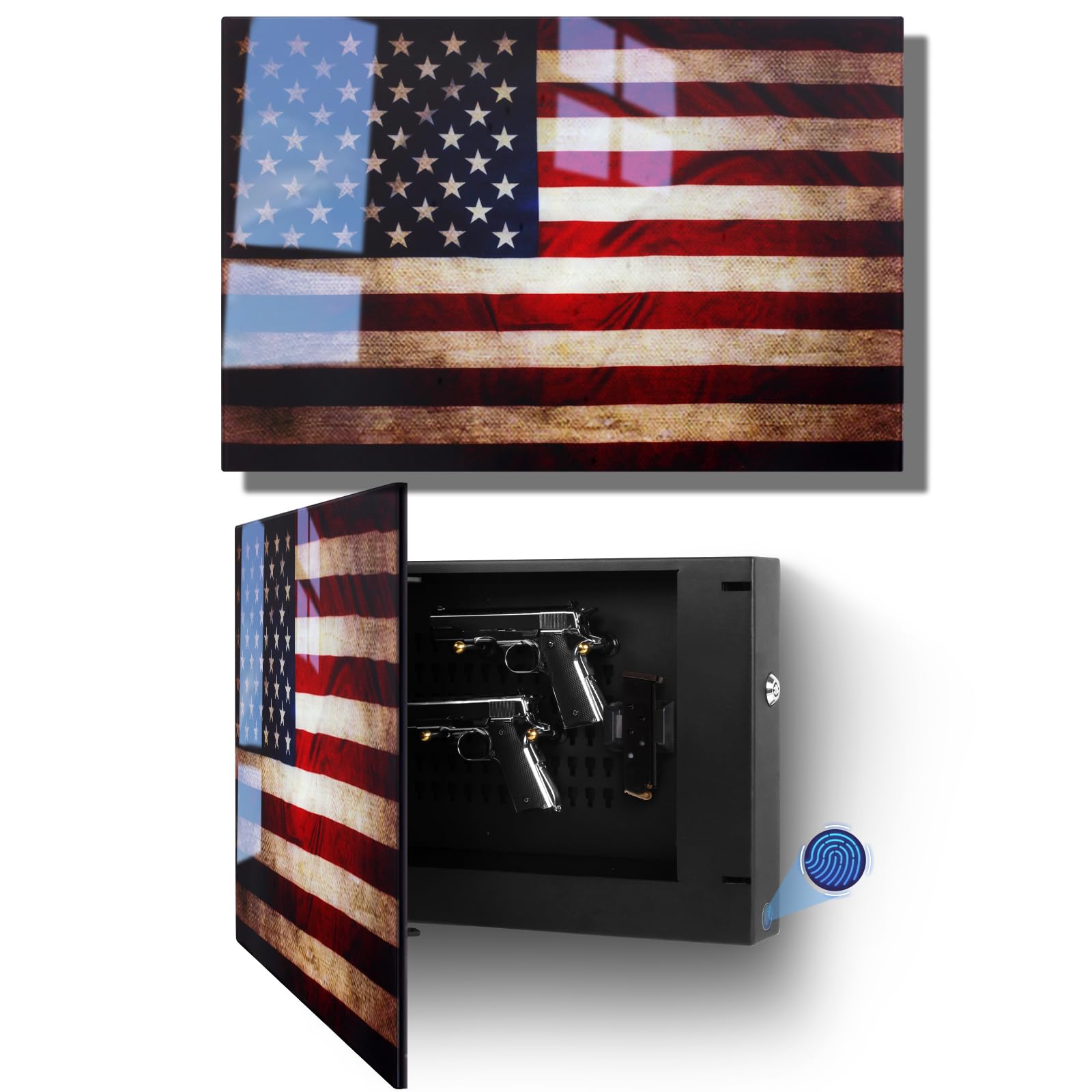 Biometric Hidden Gun Safe fits 2 pistols,Quick Access Wall Gun Safe
