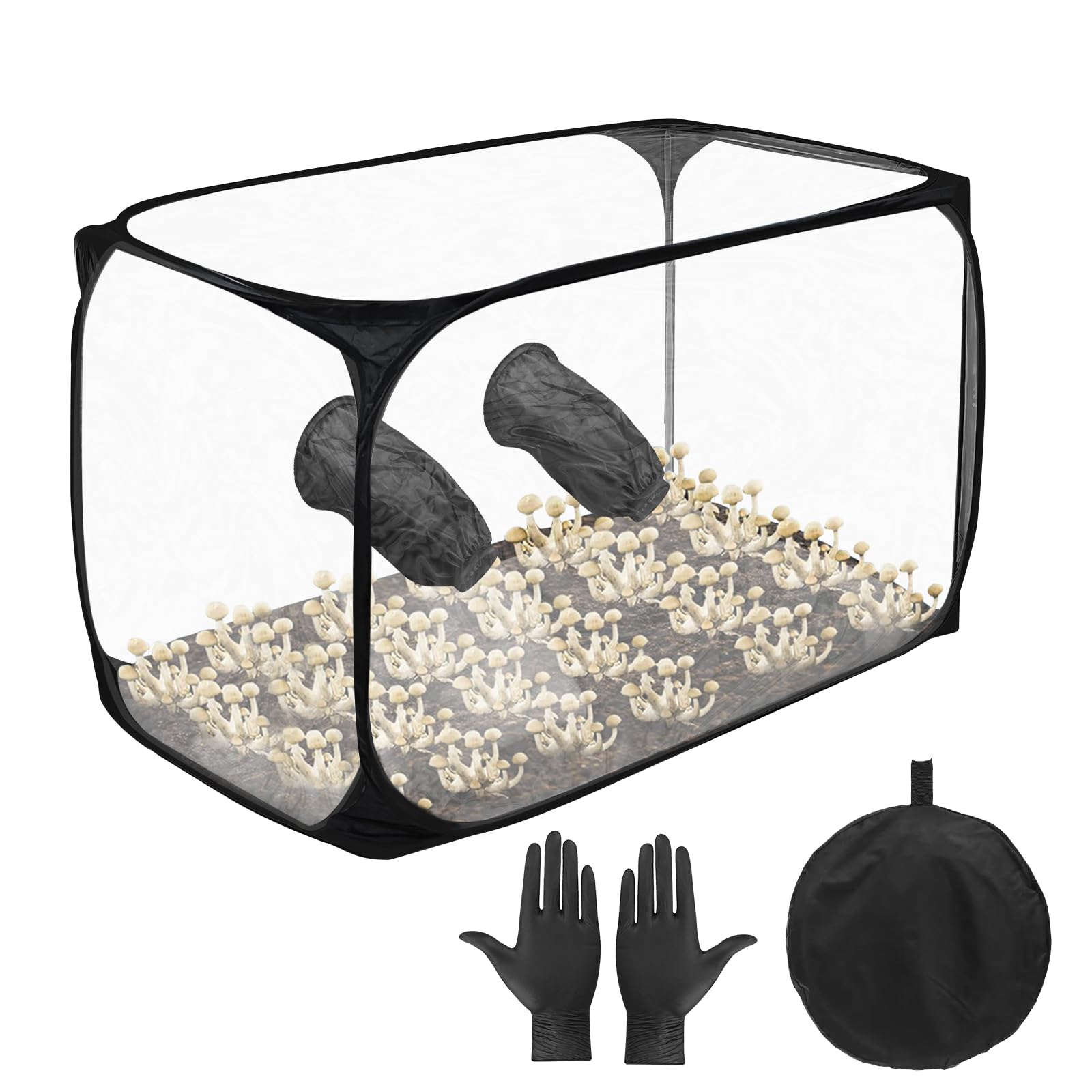Eliphontowne Black Mushroom Cultivation Still Air Box - Foldable Transparent Mushroom Grow Tent Kit, Mushroom Growing Kit Box With Gloves, Portable Mushroom Grow Bag For Mushroom Mycology Spores Scientist(90*60*60Cm)