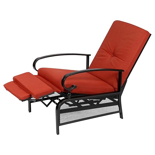 Patiomore Patio Adjustable Lounge Chair, Outdoor Recliner Metal Automatic Chaise Chair with Removable Cushions, Red