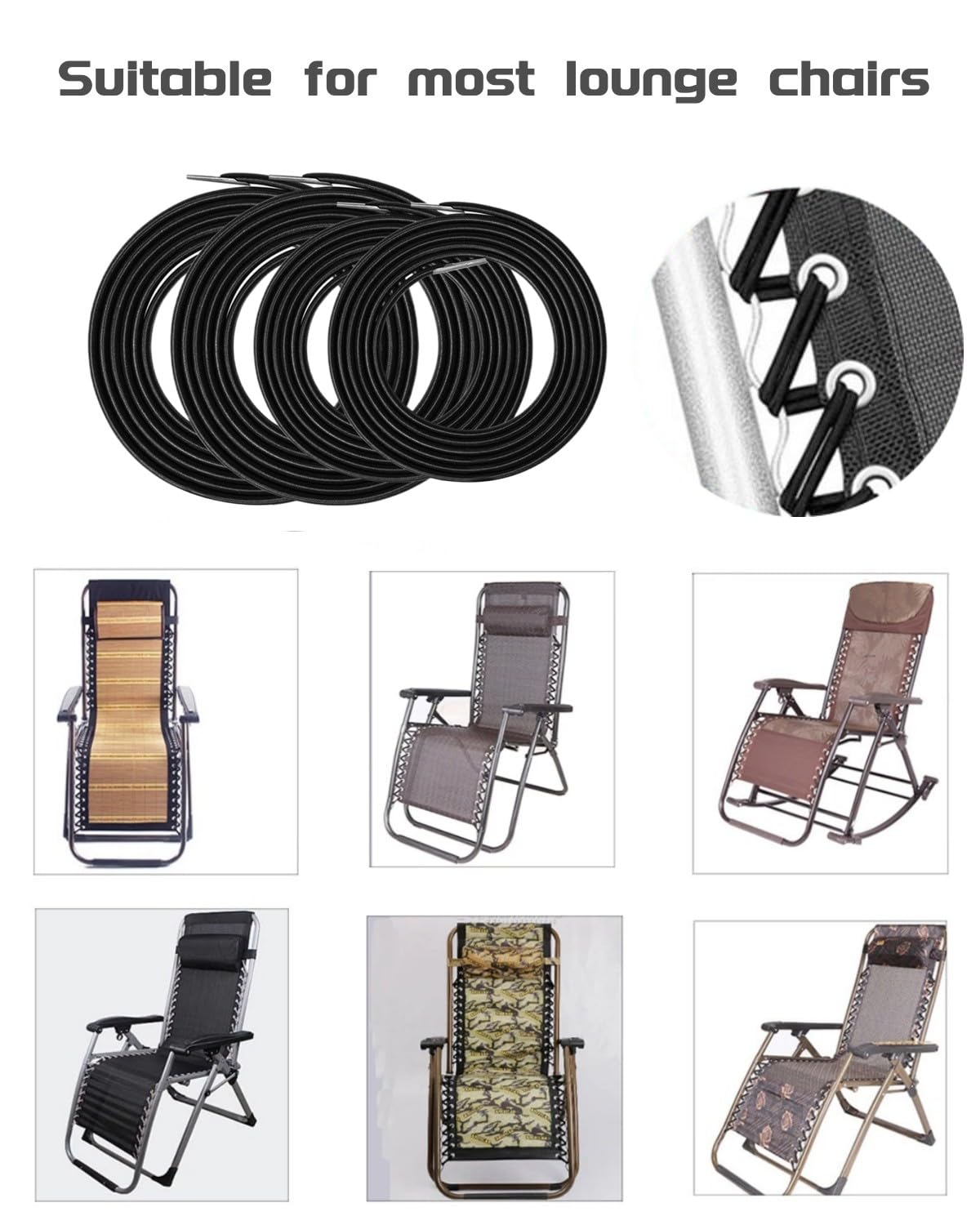 Cable de repuesto para silla de gravedad cero, cordones de repuesto universales, kit de reparación elástico para silla de descanso, reclinables al aire libre, silla antigravedad y sillas elásticas 5