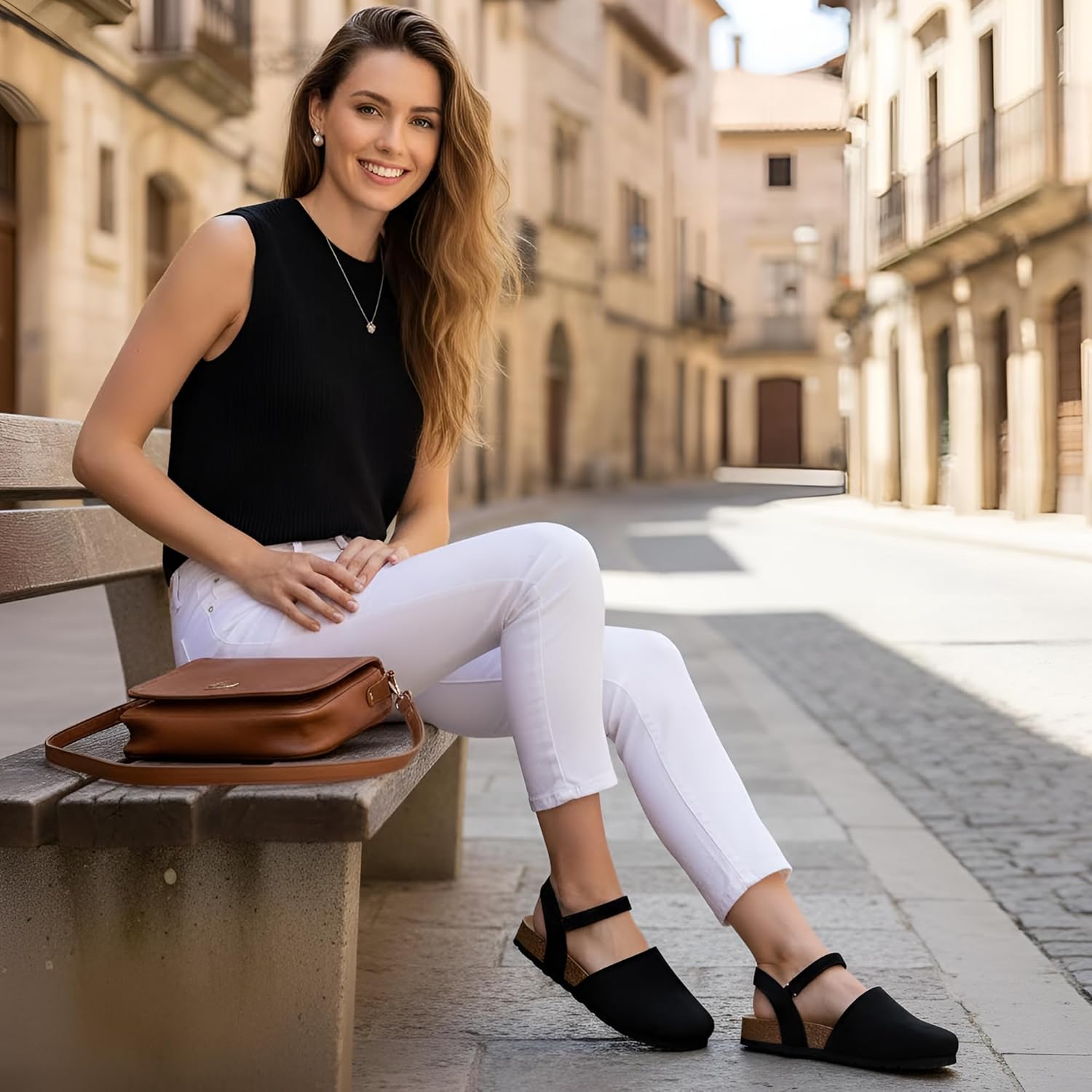 Ecetana Womens Sandals Closed Toe Shoes Dressy Summer Cork Footbed Comfortable Arch Support Flats Sandals for Women - Image 2