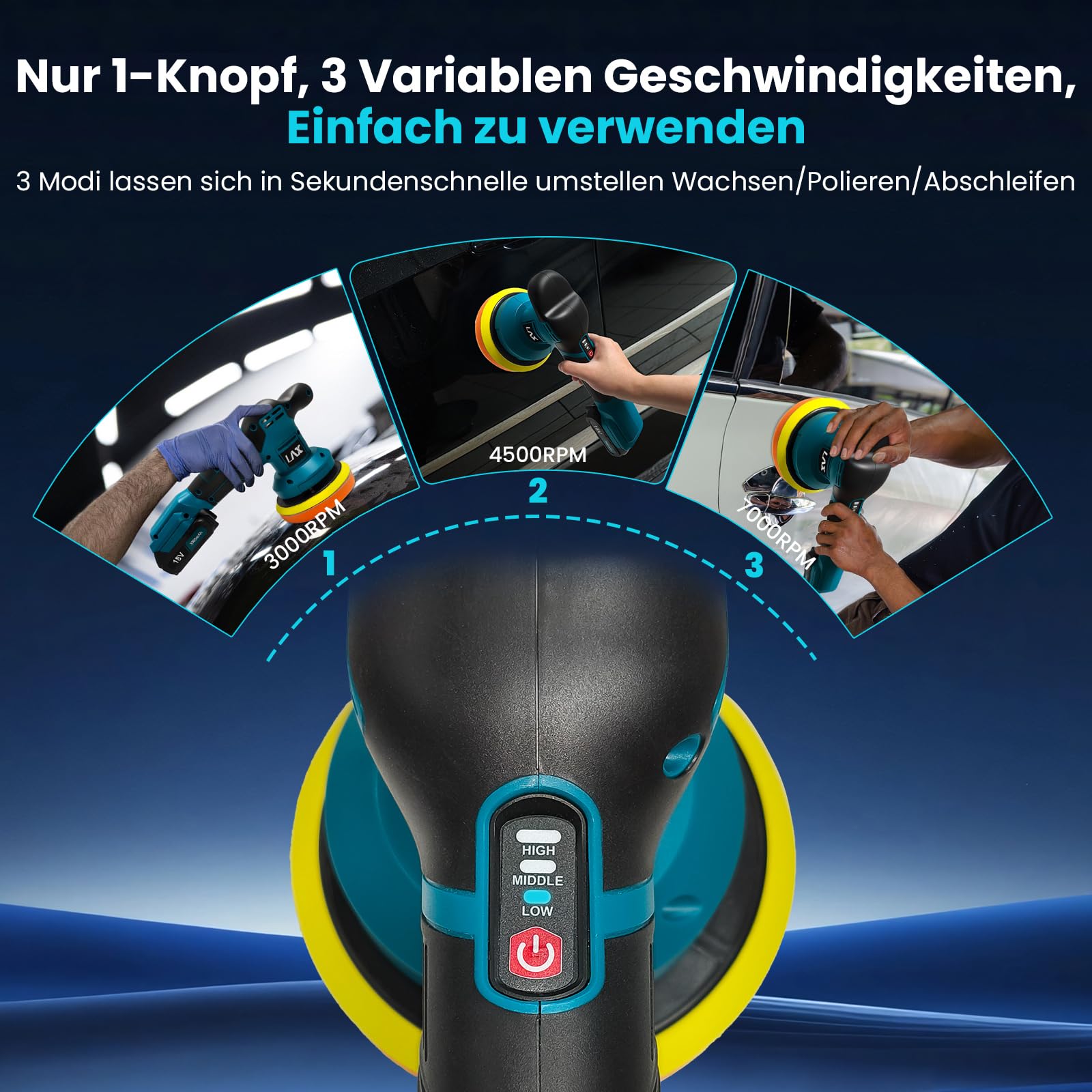 Poliermaschine Auto für Makita 18V Akku, 6 Zoll Orbital Auto Politur mit 3 Variablen Geschwindigkeiten, 2pcs Akkus Auto Polierset, für Auto Detailpflege und Kratzerentfernung
