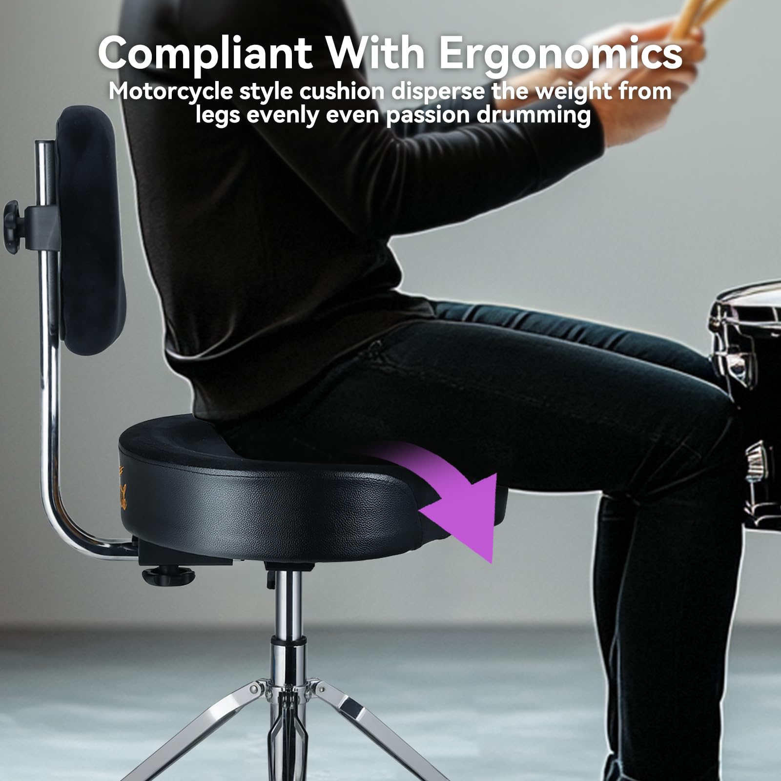 Drum Throne con schienale imbottito sedia per tamburo idraulico regolabile in altezza sgabello per batteria con bassi stabili Comodo sedile per batteria in memory foam per batteristi adulti