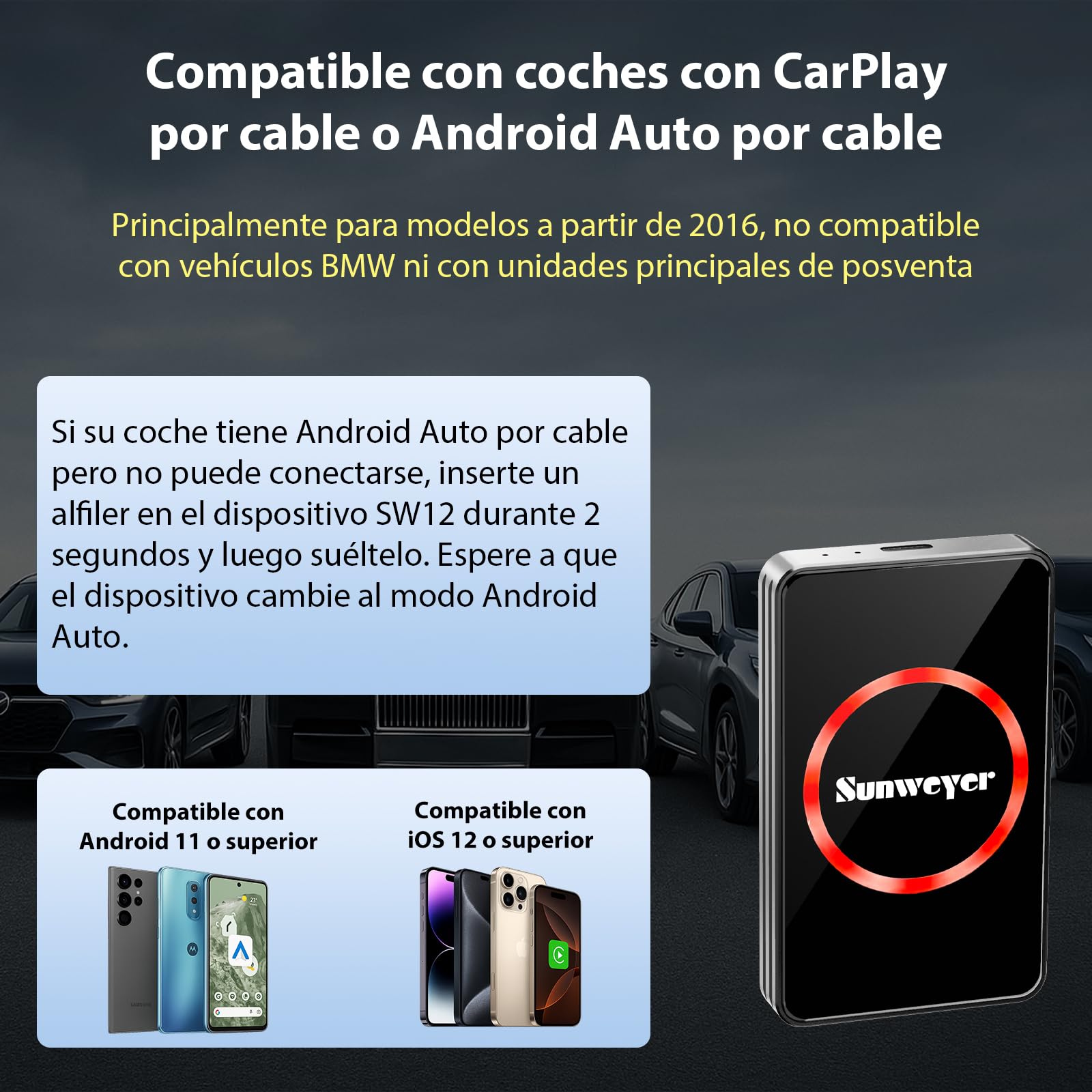 Sunweyer Adaptador inalámbrico CarPlay para Coche, Dispositivo de transmisión Ai Box, Compatible con Netflix, Youtube, Hulu, Disney+, Adaptador Inalámbrico Android Auto, 3 EN 1, Doble WiFi