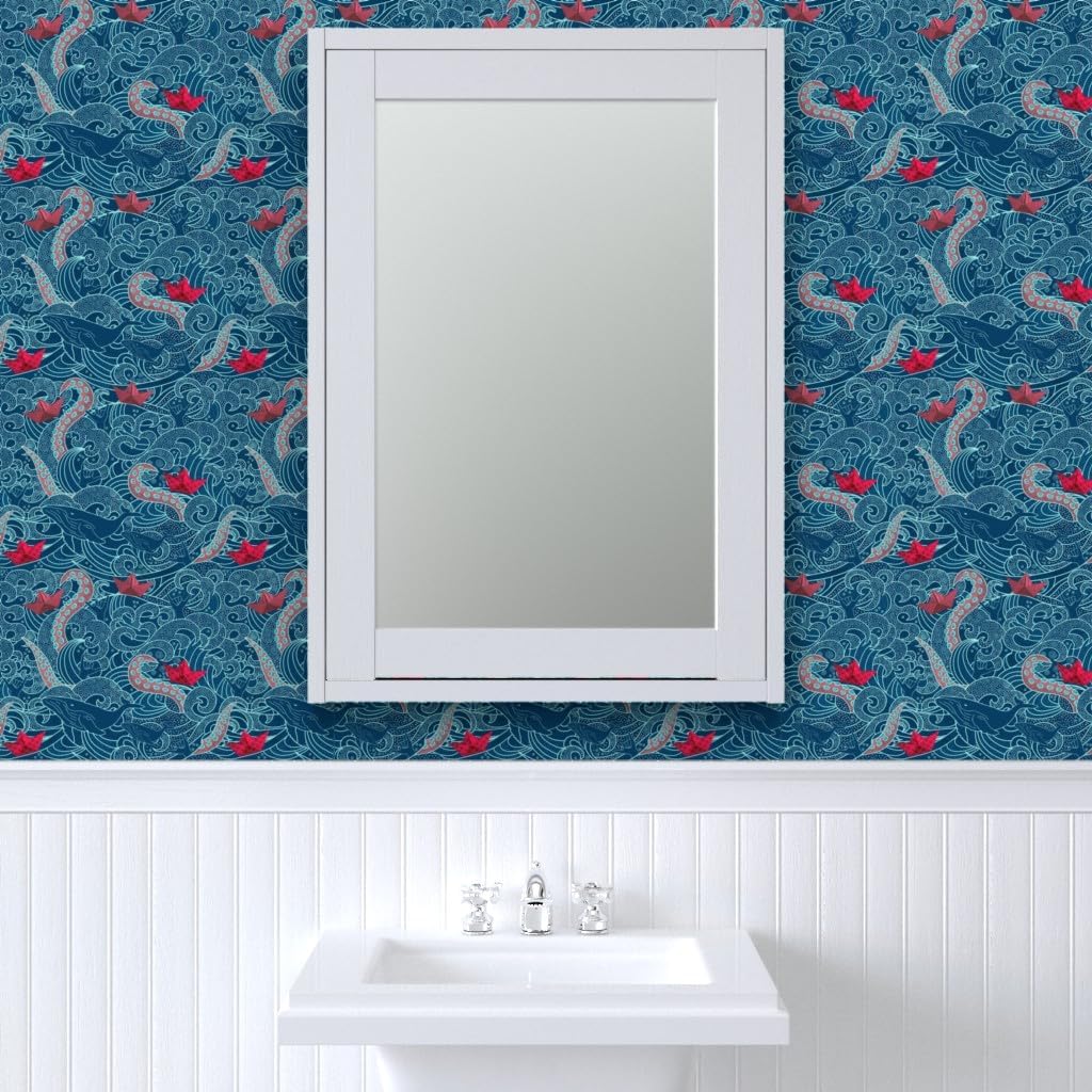 Spoonflower Commercial Grade Wallpaper Swatch - Octopus Ocean Small Print Japanese Hawaii Wave Nautical Traditional Wallpaper