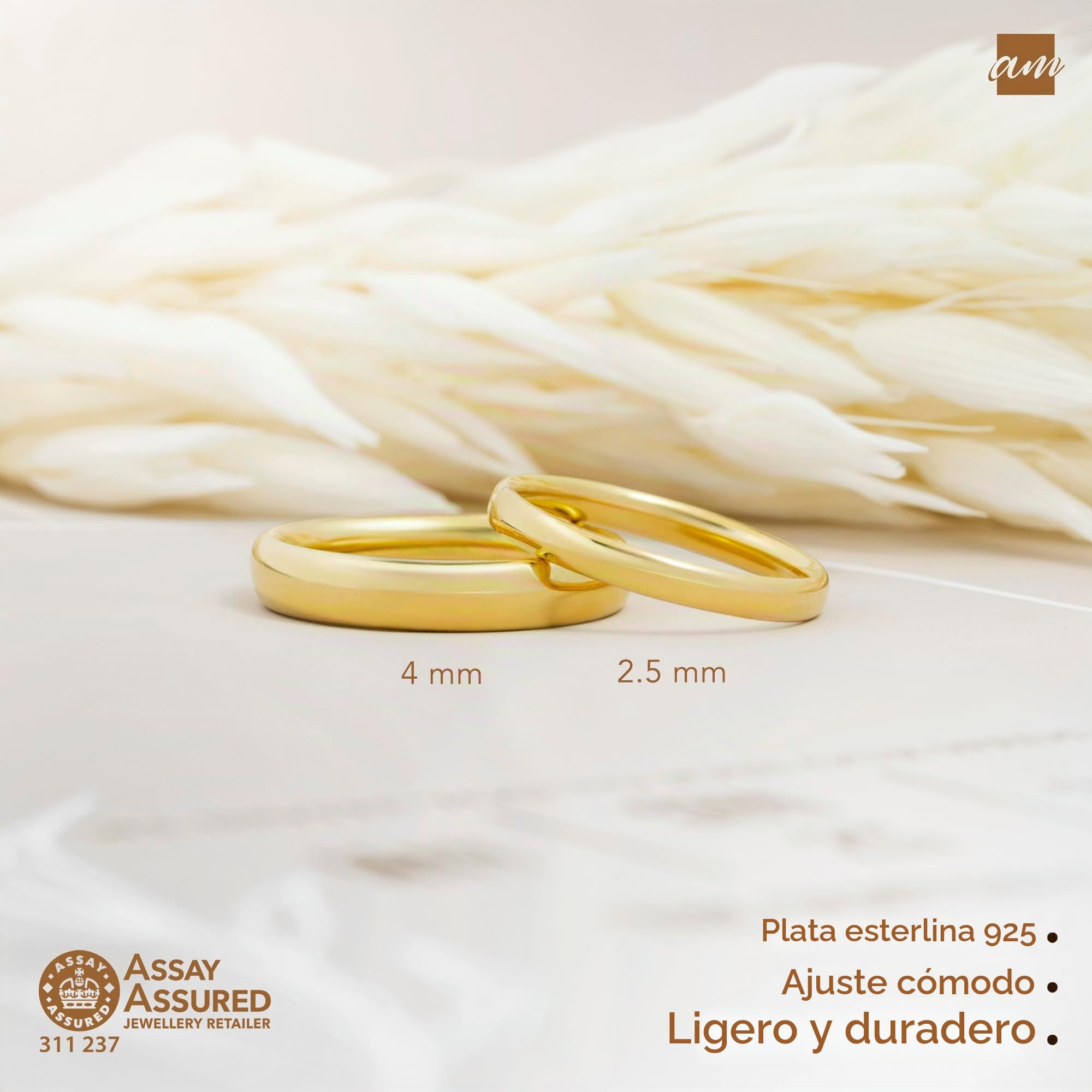 Amberta Alianza de Plata de Ley 925 para Mujer y Hombre, Anillo Matrimonio Chapado en Oro Amarillo Blanco Oro Rosa | Alianza Boda Pareja 2 3 4 mm