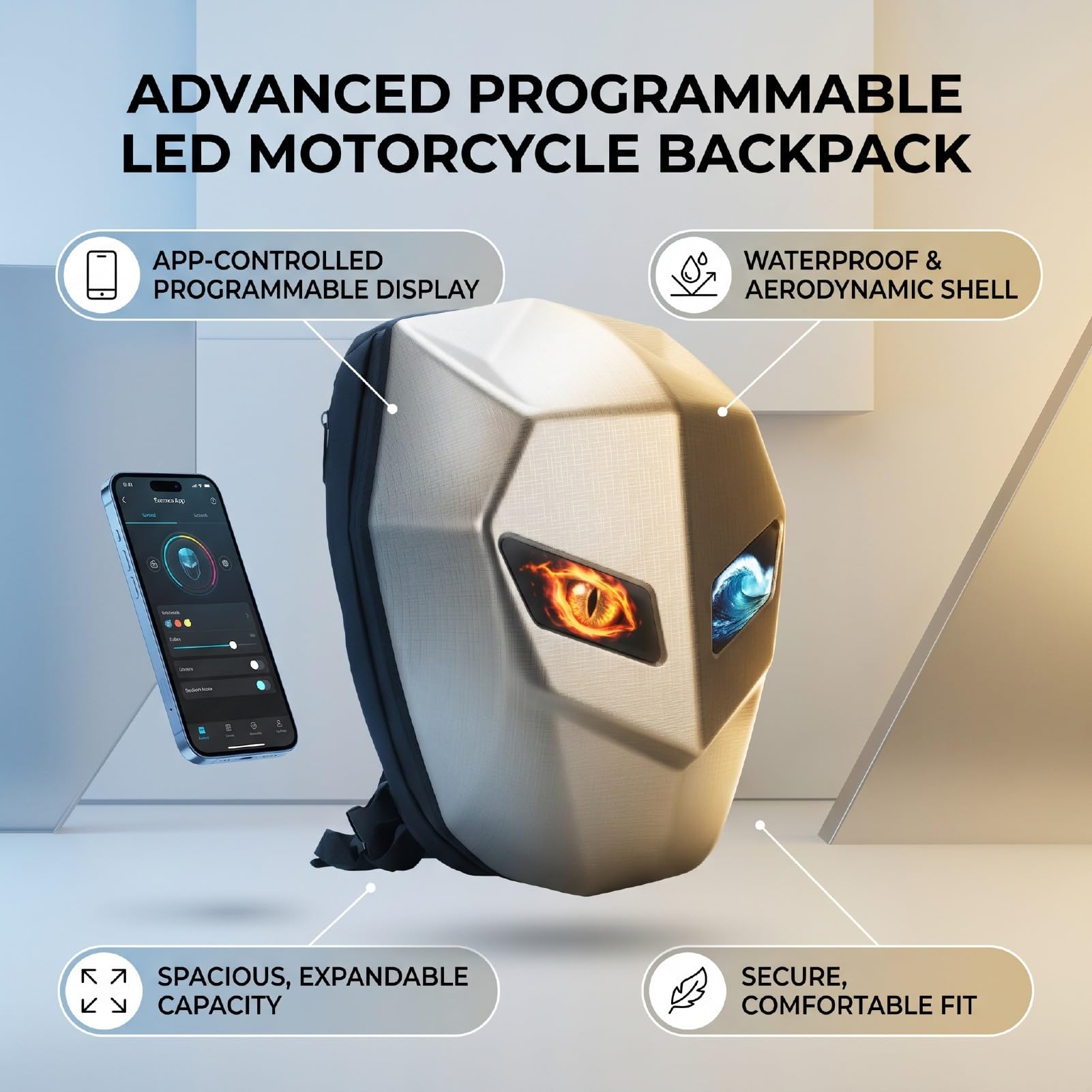 Zaino da Moto a LED con Schermo Programmabile, Controllo Tramite App
