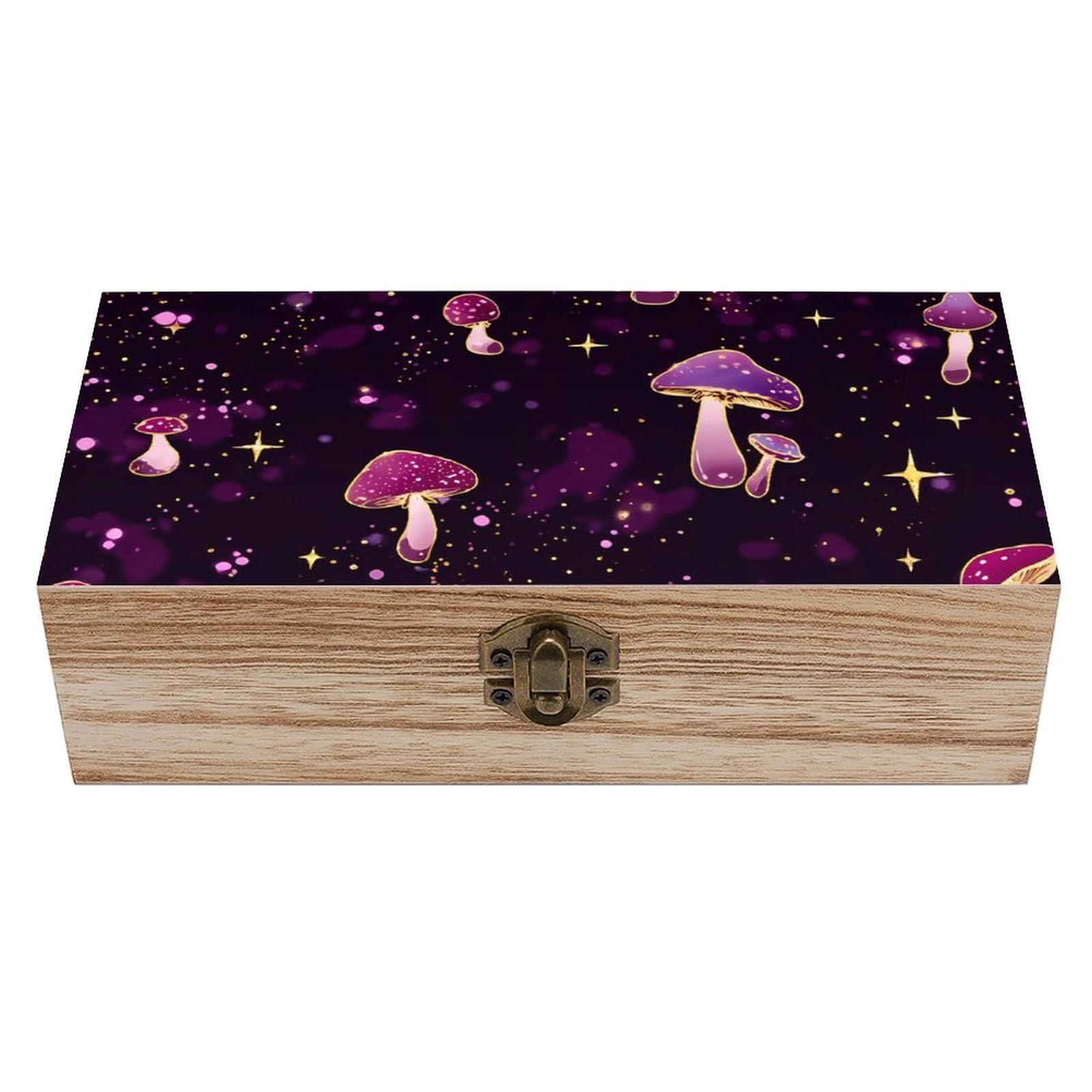 Mushroom Wooden Box with Hinged Lid Decorative Storage Case Container