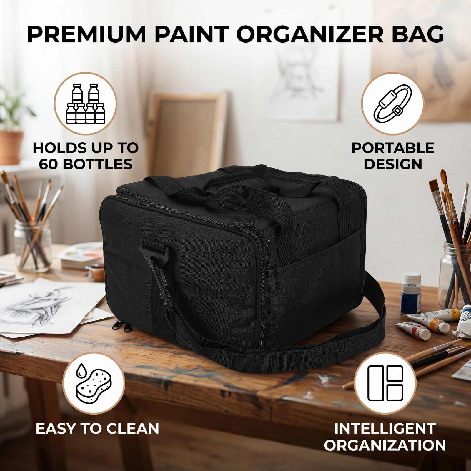 Borsa Organizer per Vernice Acrilica, 60 Bottiglie, Borsa Portaoggetti