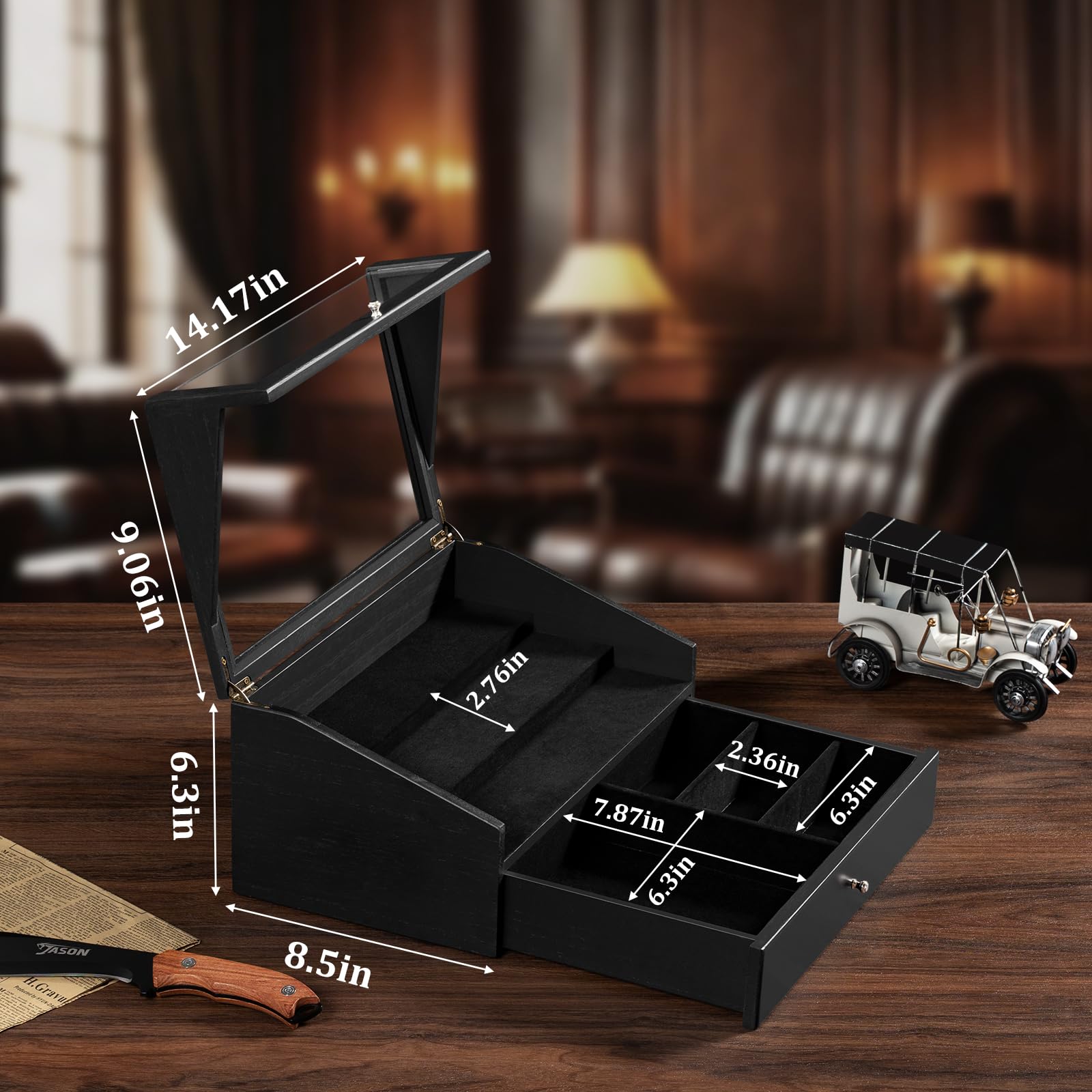 Coffret Poignard Bois, 2 Étages 3 Rangées Boîte Présentation Poignard avec Tiroir et Couvercle Transparent, Doublure Velours, Présentoir à Couteaux pour Collection, Cadeau (Noir)