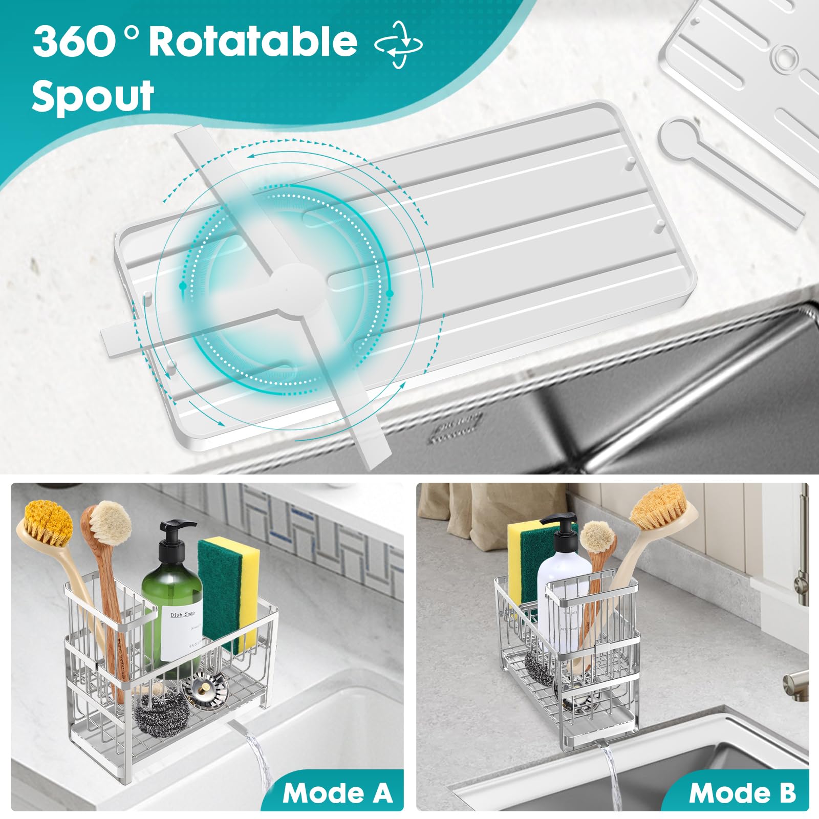 Sinnsally Sink Caddy Organiser Kitchen Sink Tidy Organizer,Soap Dish Tray,Washing up Caddy Sinkware Organiser,Sponge Holder for Kitchen Accessories Storage Rack with Brush Holder (2 Tier-Silver) - Image 2