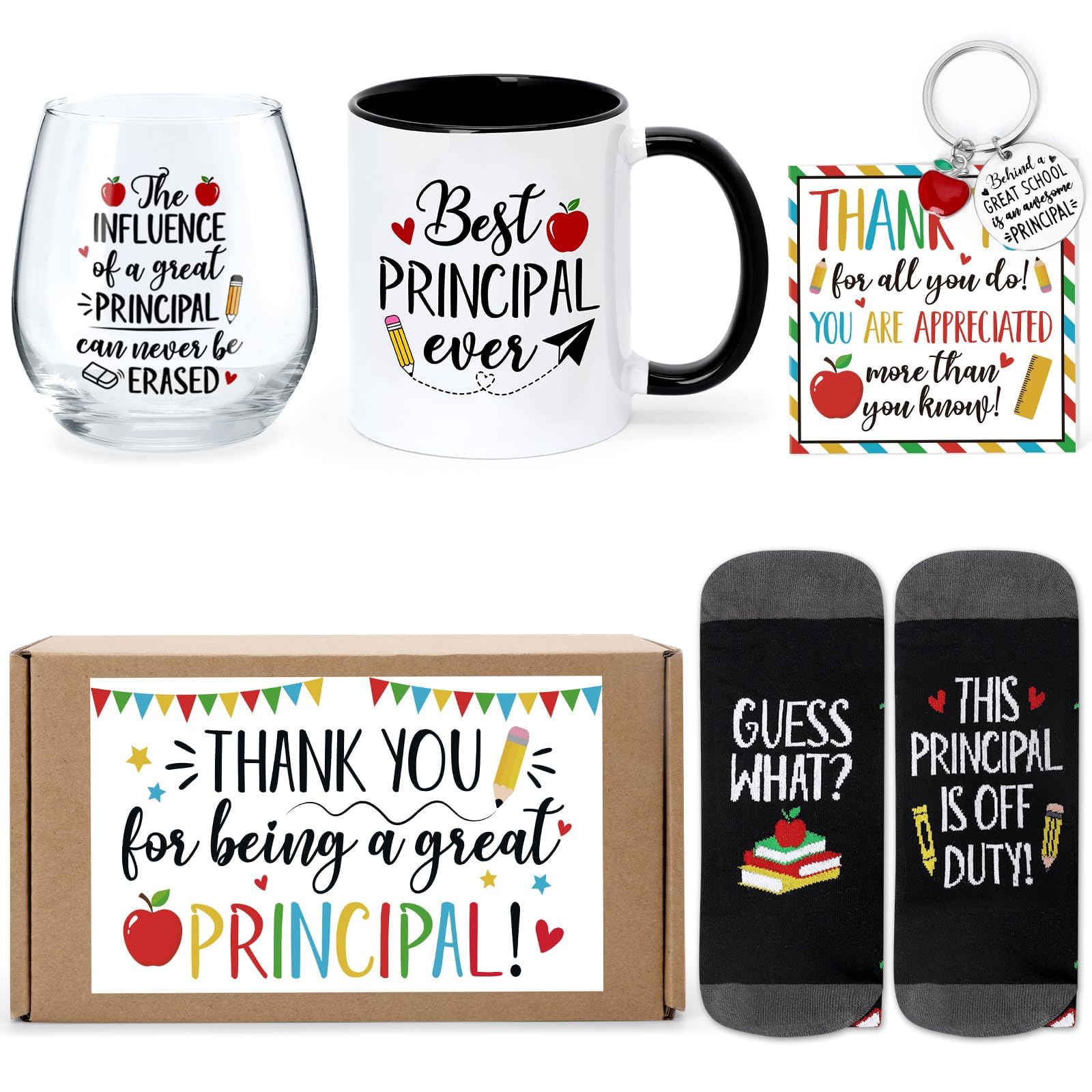 Nefelibata 5Pcs Principal Appreciation Gifts for Man Women School Assistant Funny Socks Wine Glass Coffee Mug Keychain Thank You Card Gift Box for Principal Work Graduation Christmas Retirement Gifts