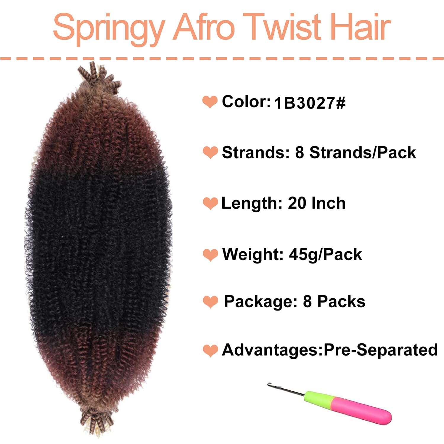 Mscat 20 Inch Pre-Separated Springy Afro Twist Hair 8 Packs Marley Twist Crochet Braiding Synthetic Hair Extensions (8 Strands/Pack,1B3027#) - Image 2