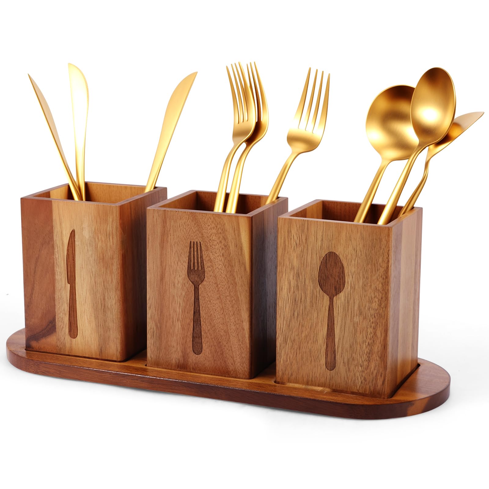 Zhjiutak Coffee Wooden Cutlery Rack With 3 Compartment,Kitchen Utensils Holder, Kitchen Cooking Utensil Organizer, Utensil Crocks With Cutlery Trays For Knife, Fork And Spoon(Coffee)
