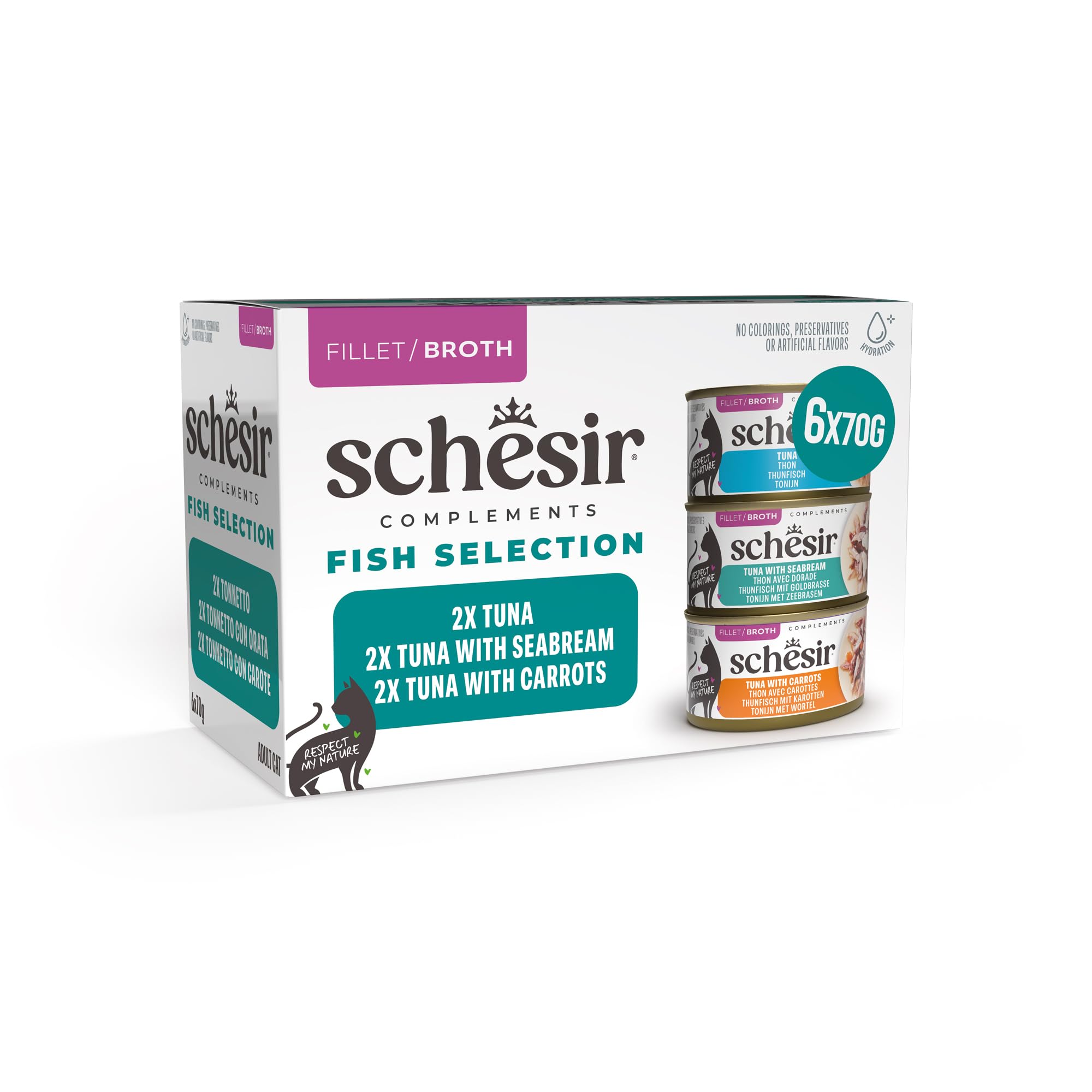 Schesir, Variety Pack, Alimento Húmedo para Gatos, en Caldo, con Vitaminas Añadidas, 100% Filetes Naturales, 6 latas de 70 g