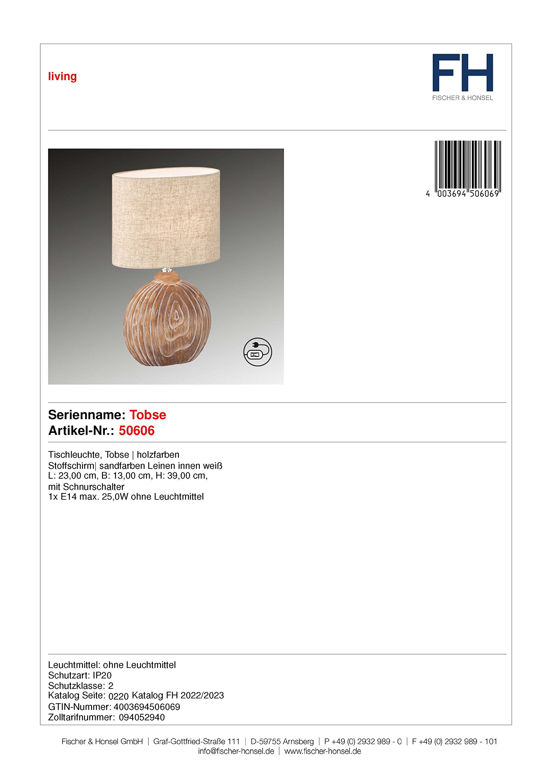 Fischer & Honsel|Tischleuchte, Tobse|holzfarben|Stoffschirm-leinen sandfarben|L: 23,00 cm, B: 13,00 cm, H: 39,00 cm|mit Schnurschalter|1x E14 max. 25,0 Watt|50606