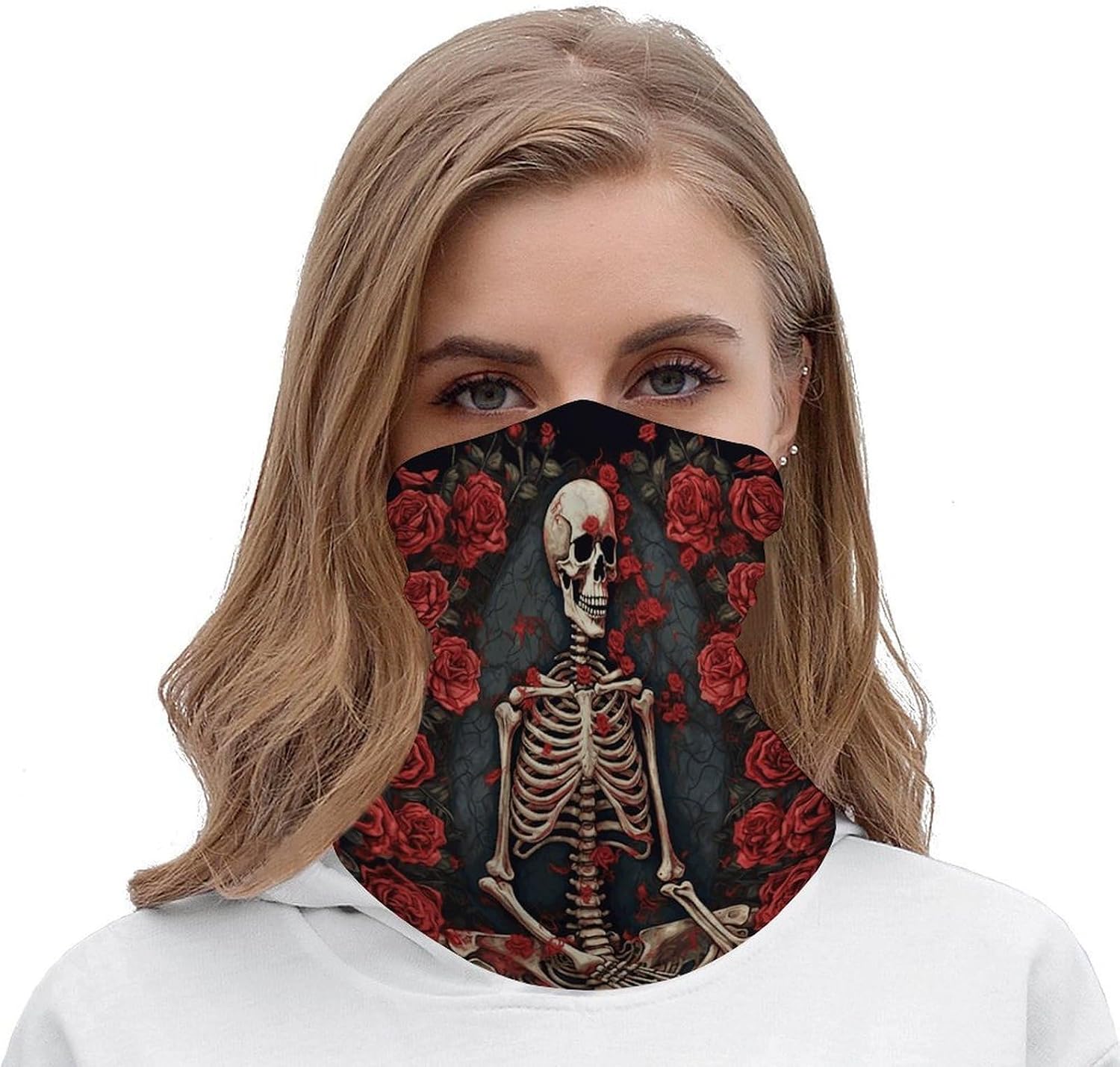 Skeleton with Roses Bandana Soft Neck Breathable Headband Uv Protection Neck Gaiter Reversible Scarf Gaiter Double-Sided Head Scarf Multipurpose Headwear For Outdoor Running Hiking