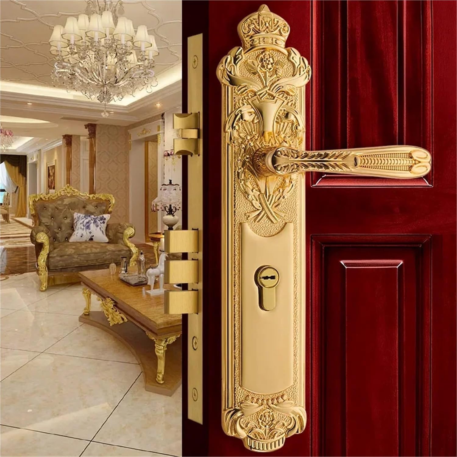 Luxury Brass Gate Lock Europen Entrance Door Locks Golden Handle Lockset Bedroom Security Locksets Multi Color for Option(Golden)