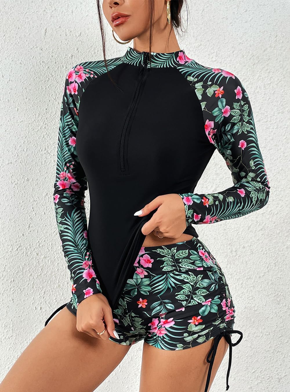 Traje de baño de dos piezas para mujer, con protección solar UPF50+, manga larga, cremallera frontal, camiseta de natación con pantalones cortos