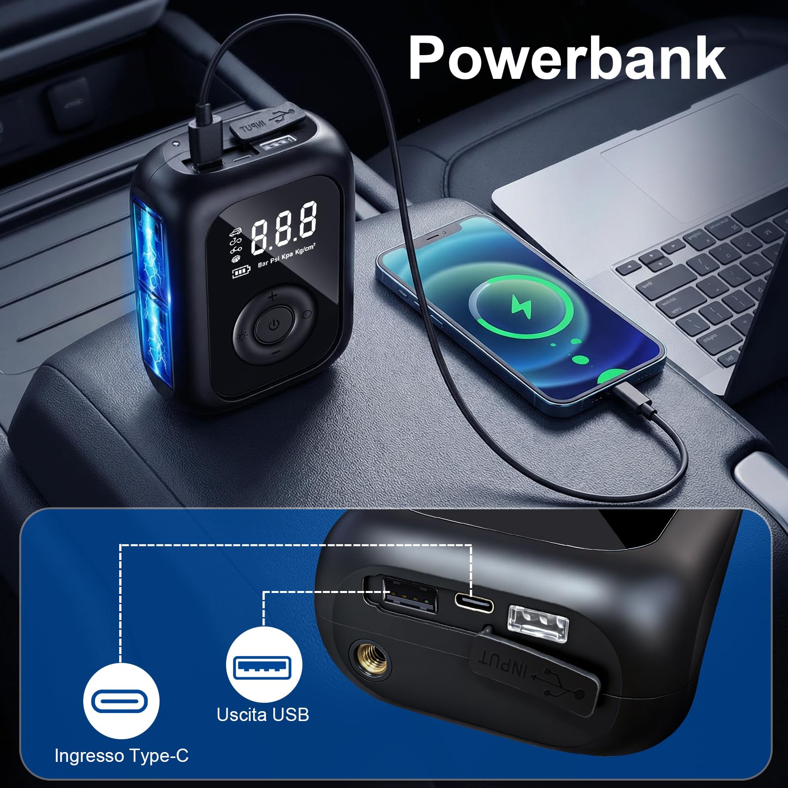 Compressore Aria Portatile,150PSI Pompa Elettrica per Bicicletta, Mini Compressore Bici con Schermo LED Digitale e Illuminazione LED,Gonfiatore Elettrico Portatile per Bici, Auto e Moto