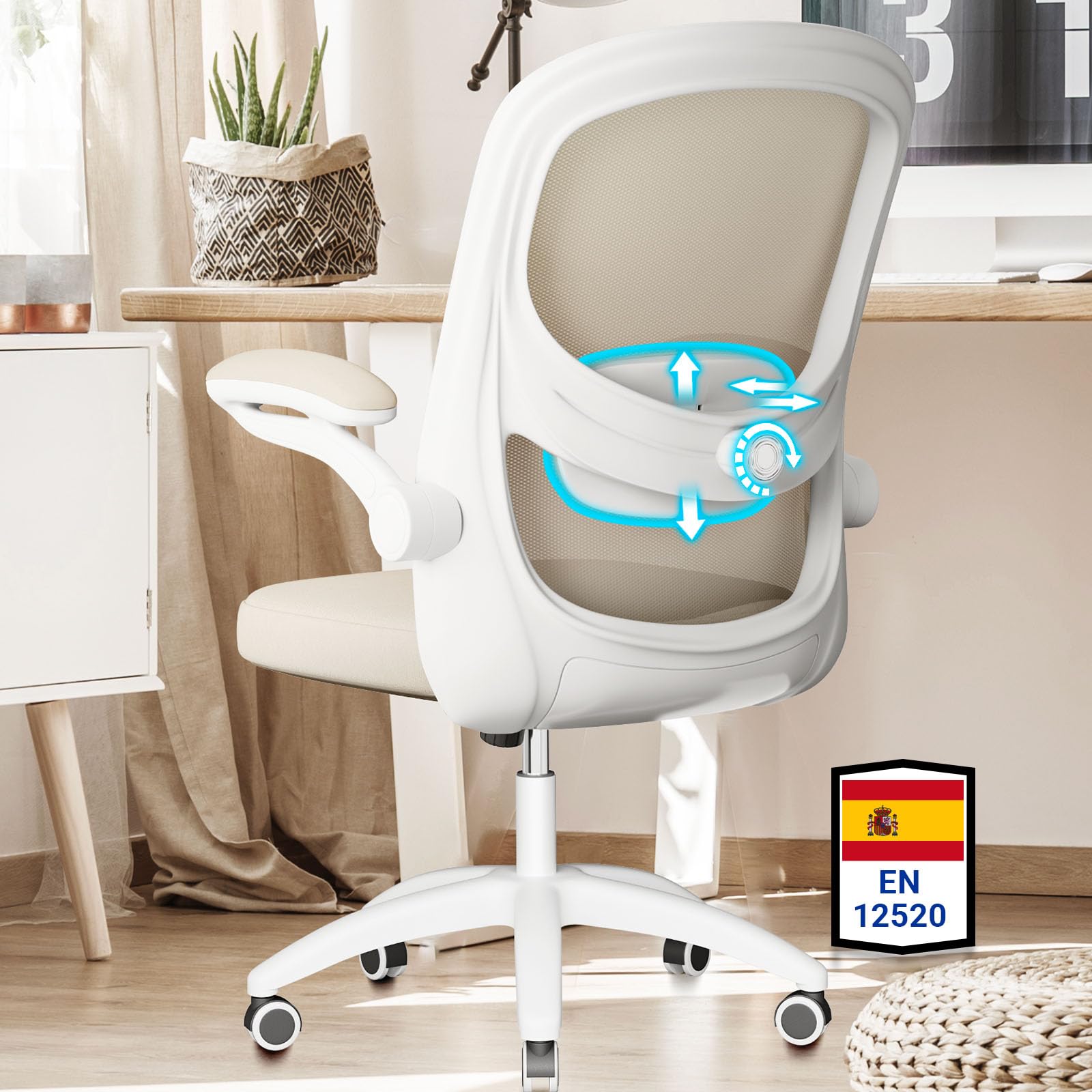 MELOKEA Silla Escritorio Juvenil con Soporte Lumbar biónico 4D, Silla Oficina ergonomica, reposabrazos abatibles a 100°, Ajustable en Altura, Malla, Cumple con Normas EN12520, Color Gris y Beige
