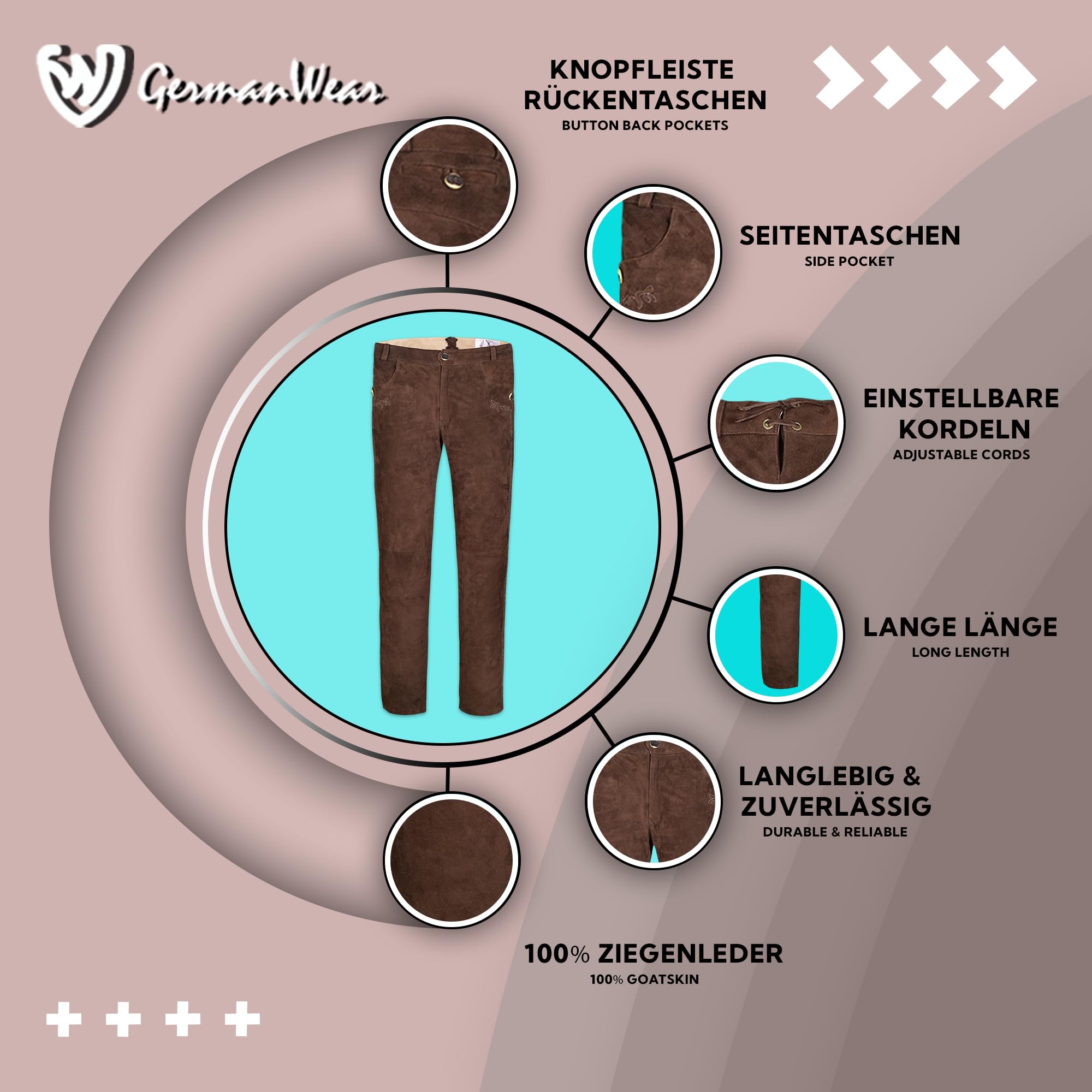 German Wear Trachten Lederhosen lang Herren aus echtem Ziegenleder – Braun mit Zopfstickerei & Gürtelschlaufen – Original weiche Trachtenhosen aus Wildleder für Volksfest & Alltag Braun