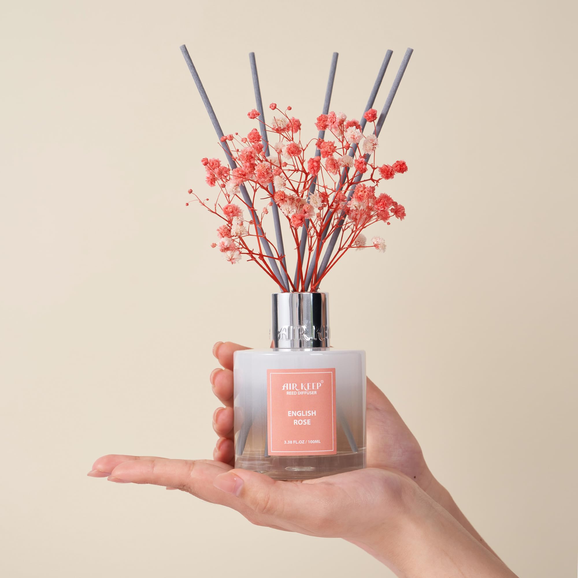 Airkeep Diffusor-Set, 100 ml – Englische Rosenöl-Diffusoren mit 8 Stäbchen, Raumduft-Diffusor für Badezimmer-Regal-Dekor