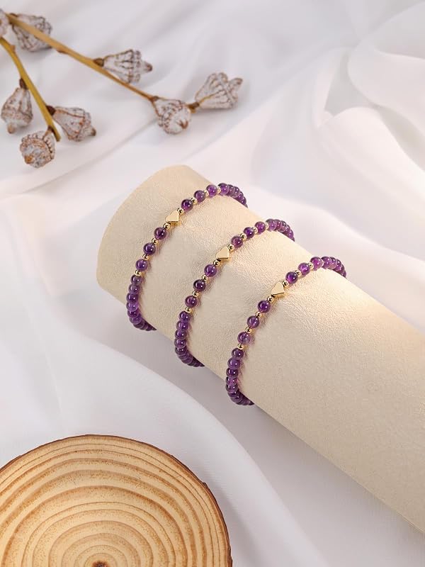 Top Plaza 2Pcs Natural Amethyst Rose Quartz Crystal Bracelets for Women 4mm Handmade Gemstone Beaded Bracelet Healing Crystal Yoga Meditation Gold Heart Charm Bracelet Jewelry Christmas Gifts by Top Plaza - Used condition - Image 4