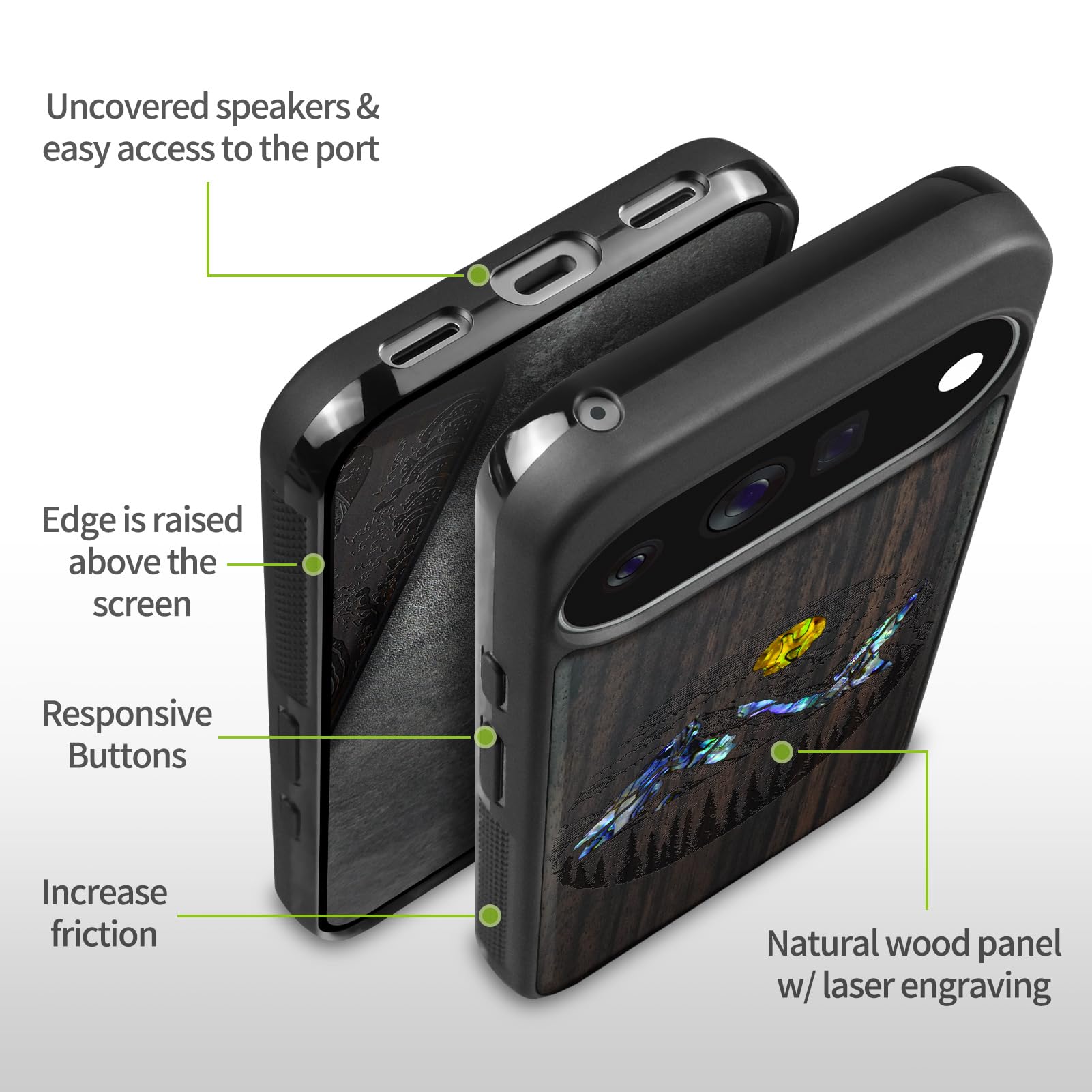 Carveit Madera Funda para Google Pixel 11 (Oscura-Lagos Alpinos) | Compatible con MagSafe [Grabado en madera e incrustación de mejillones] Magnética Cover para Pixel 11 Carcasa