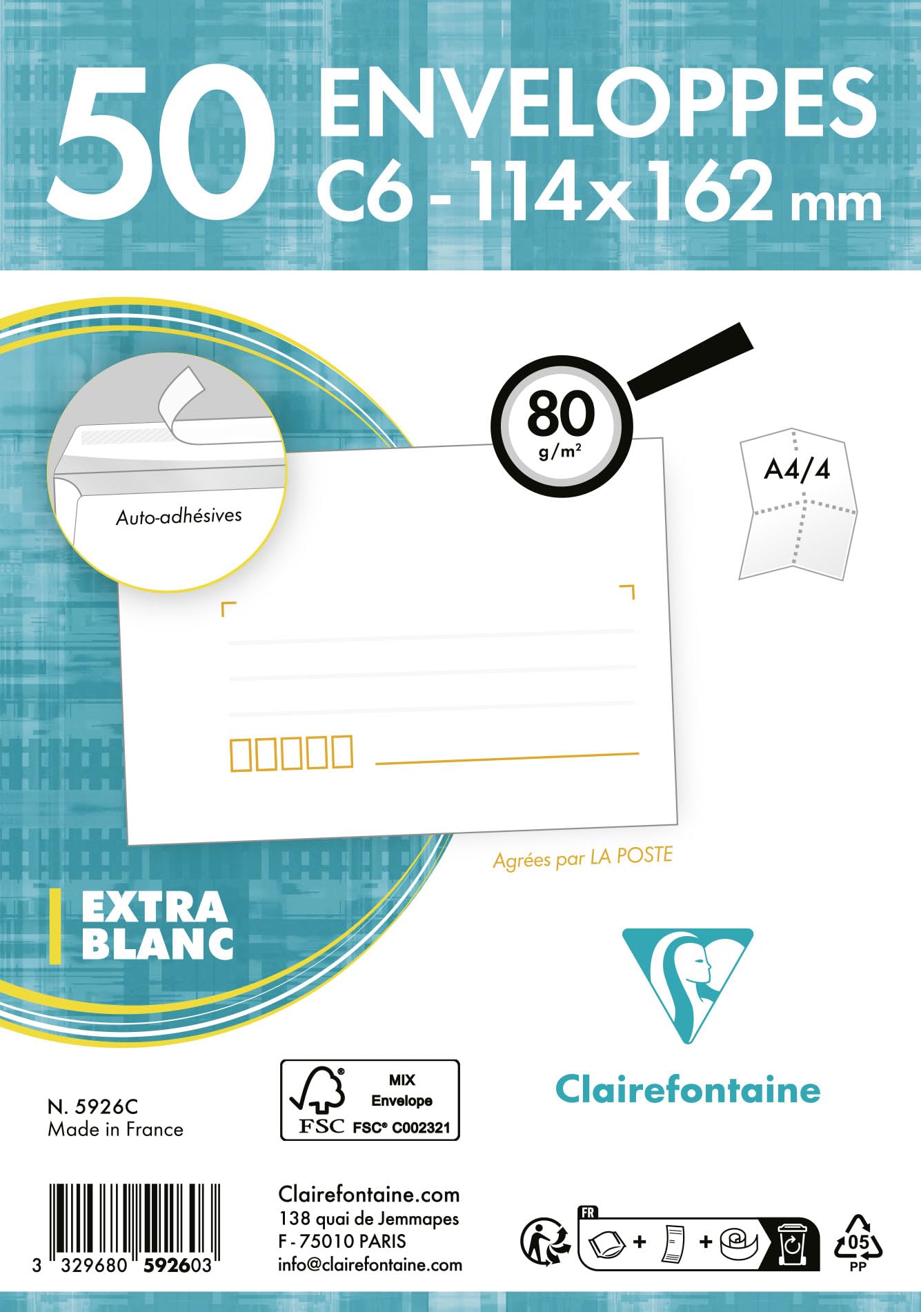 Clairefontaine 5926C koperty x50 C6 114x162 mm 80 g, białe