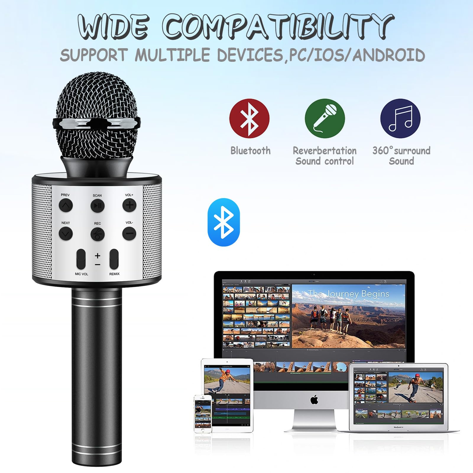 Microphone Karaoké sans Fil Bluetooth avec Lumière LED Multi Couleur, Microphone Karaoke pour Enfants/Adultes Chanter Club Noël Anniversaire Soiree Famille Youtube Live, Idée Cadeau (Noir)