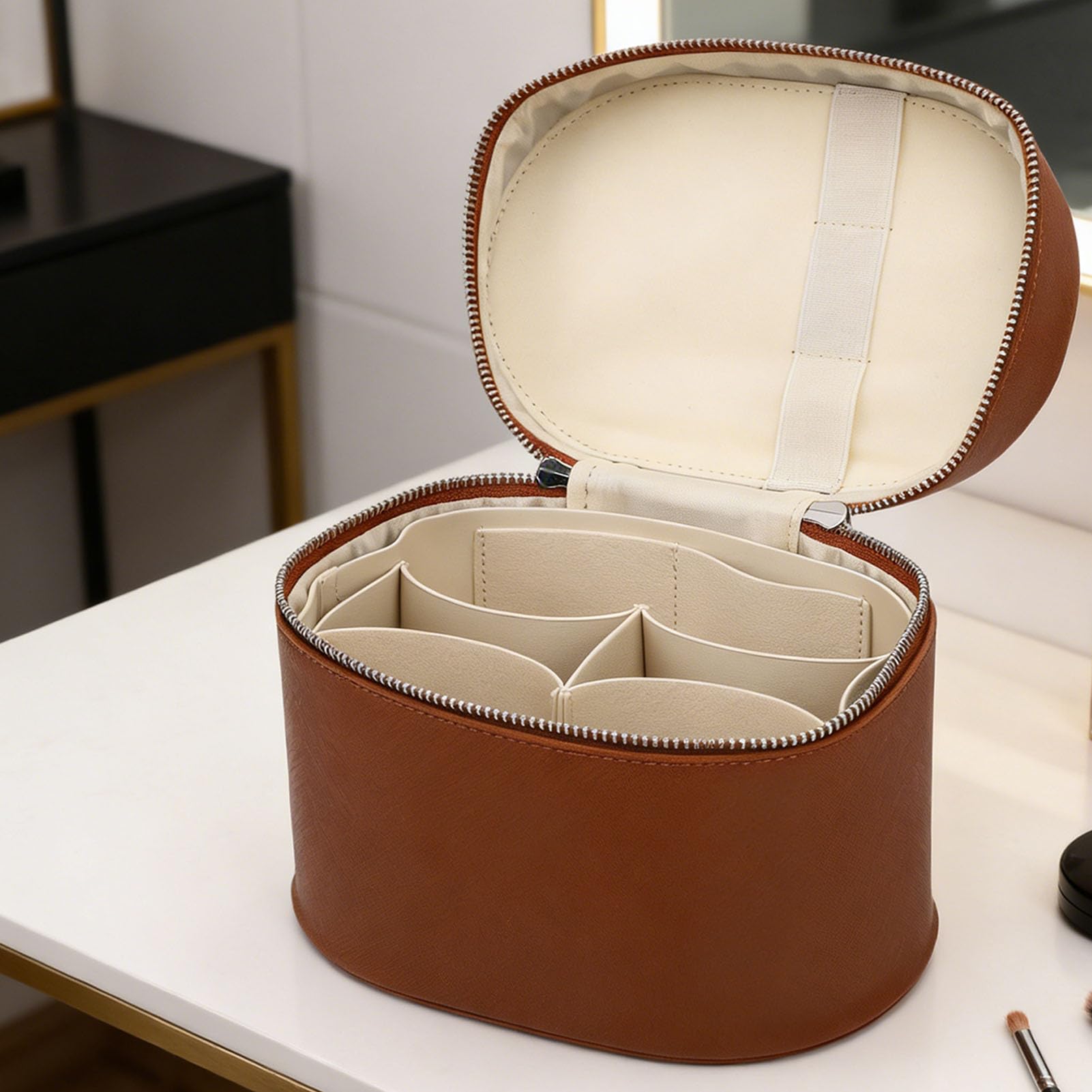 Focket Borsa Toilette Viaggio, Organizer per Trucco in Pelle PU (Marrone
