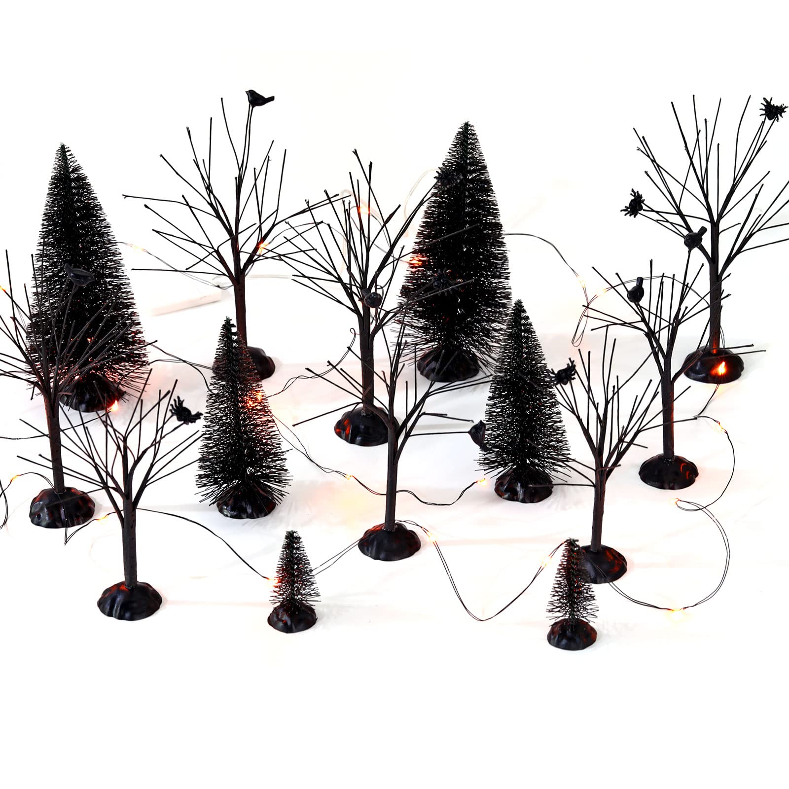 17 Pcs Halloween Village Accessories Set - 8 Black Pine and 8 Bare Branch Trees With 9.84 ft LED Orange Light - Battery Operated Village Tabletop Displays Spooky Tree for Party Table Decor