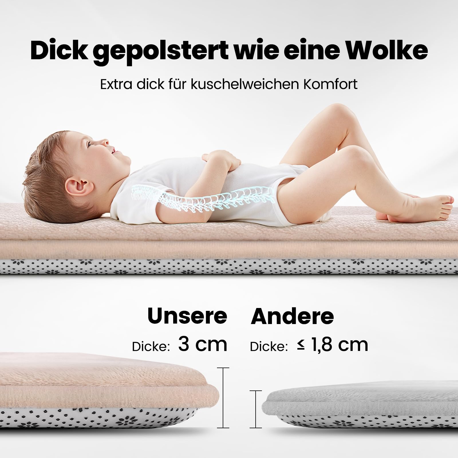 Krabbelmatte Baby 127×127cm, 3cm Dicke Schaumstoff Spielmatte, Ultraweiche Stütze und Plüschiges Gefühl Teppich Kinderzimmer, Pflegeleichte Krabbeldecke Baby mit Rutschfester Unterseite, Beige