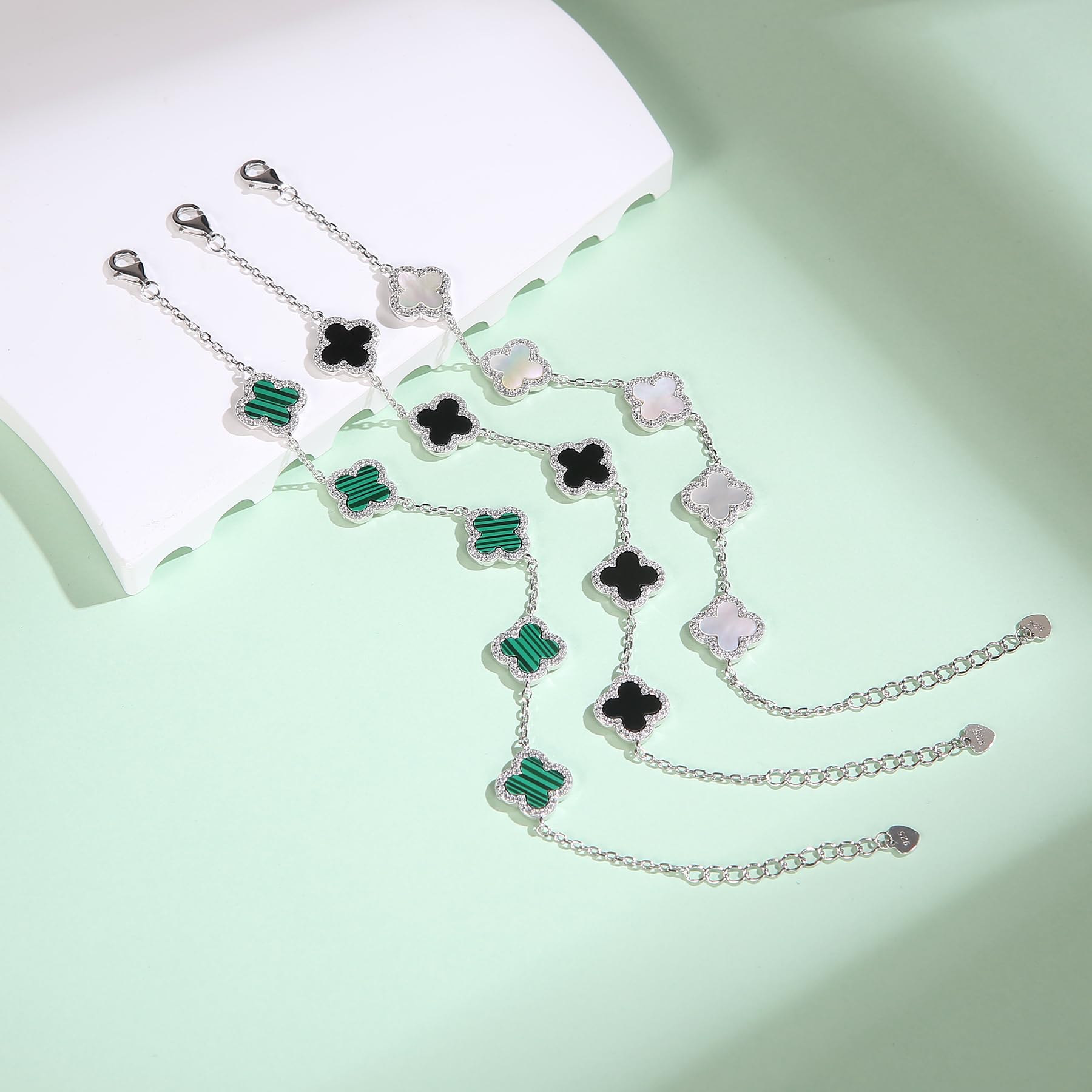 Colección de Pulseras de Trébol en Plata de Ley 925,5 Piedras de Trébol,Cadena Ajustable,Elegante para el Día a Día y Eventos Especiales