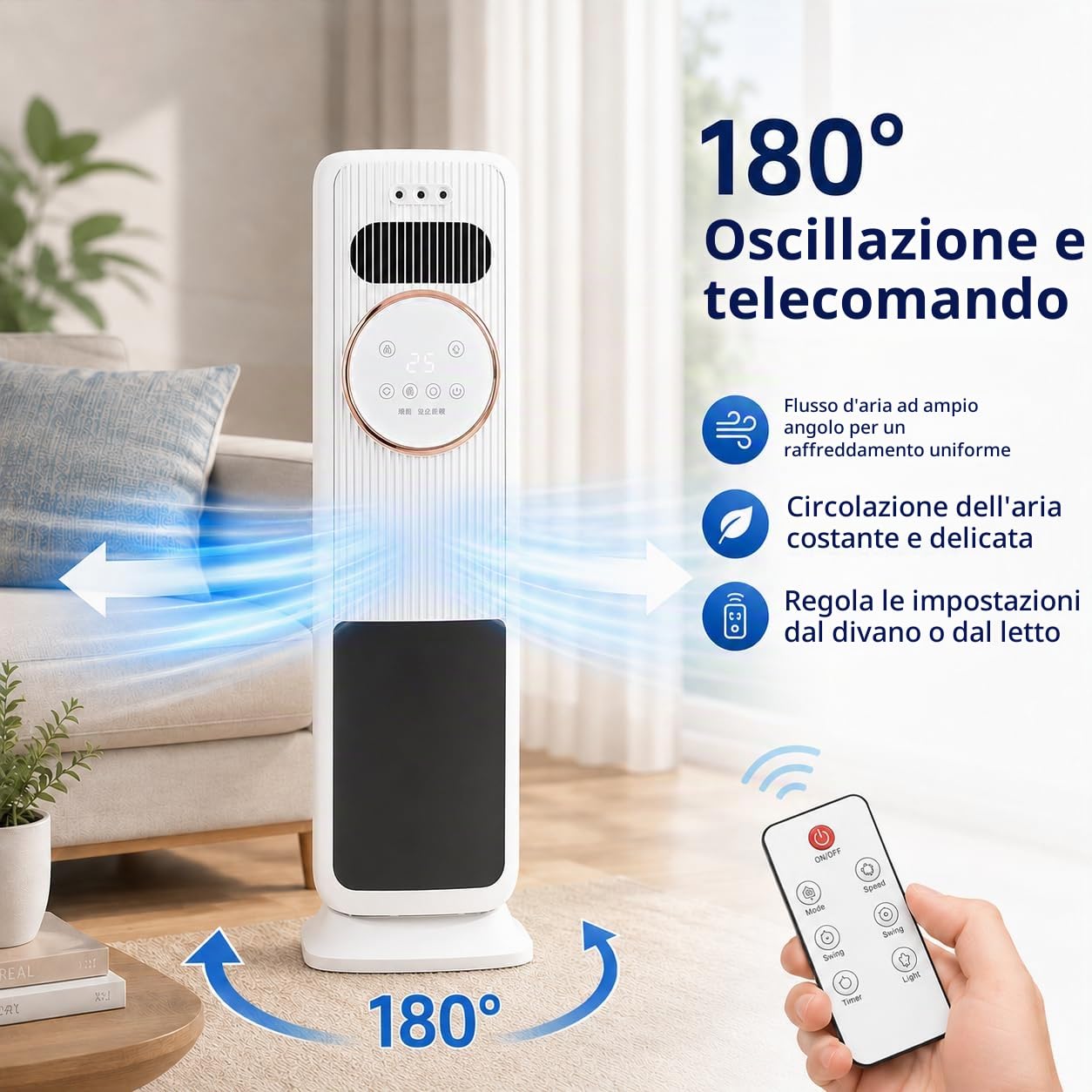 Raffrescatore d’Aria con 5 Modalità Caldo e Freddo, Condizionatore Portatile Senza Tubo con Effetto Fiamma e Oscillazione 180°, Raffrescatore Evaporativo per Casa Ufficio Camera Salotto (Bianco)
