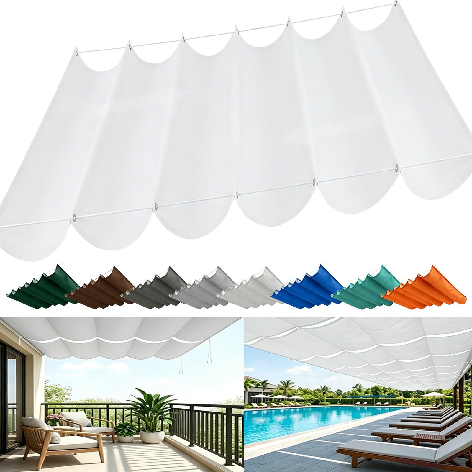 Retractable Wave Sun Shade Sail, Sun Protection Waterproof Wave Awning Canopy with Eyelets and Rope, Outdoor Pergola Adjustable Shade Cover for Yard Deck Lawn Garden Patio-White||250x250cm