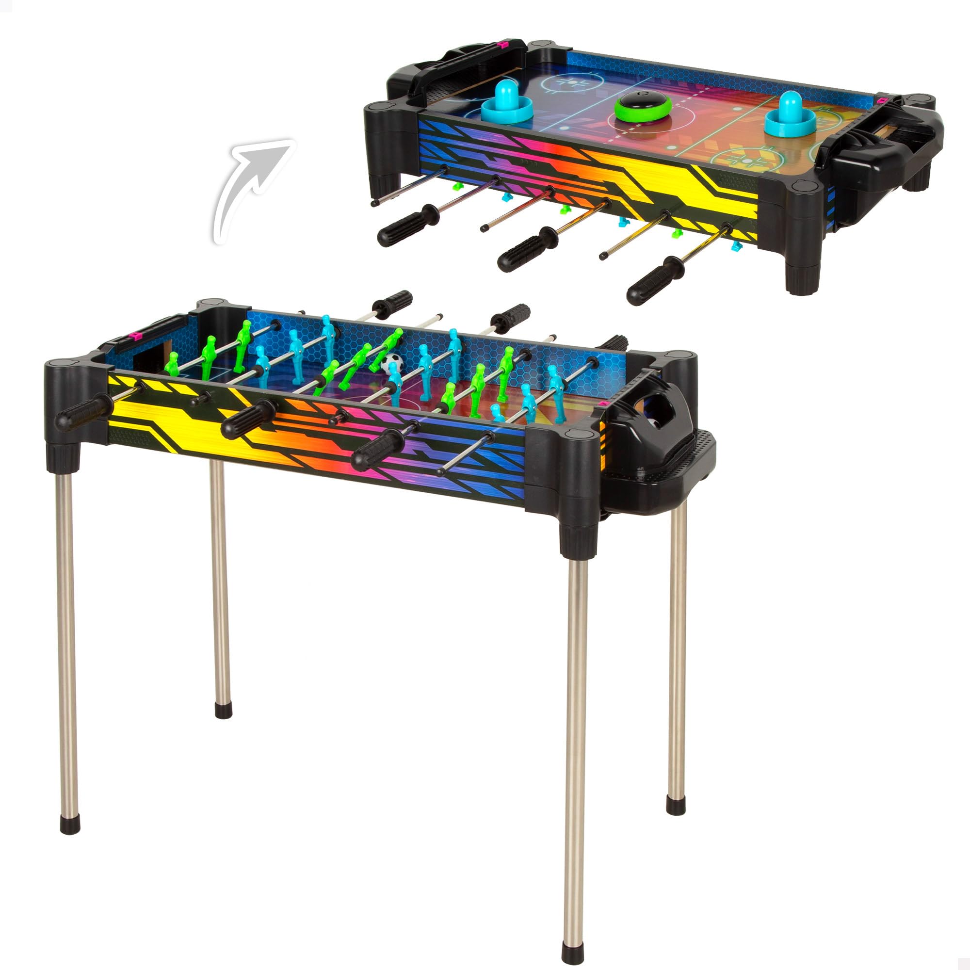 COLORBABY CB Games Tablero 2 en 1 futbolín y Air Hockey, Disco con Aire, 2 Palas, 18 Jugadores, 2 balones, Marcador Manual, Diseño neón, Juegos de Mesa electrónicos, +​5 años (39519)