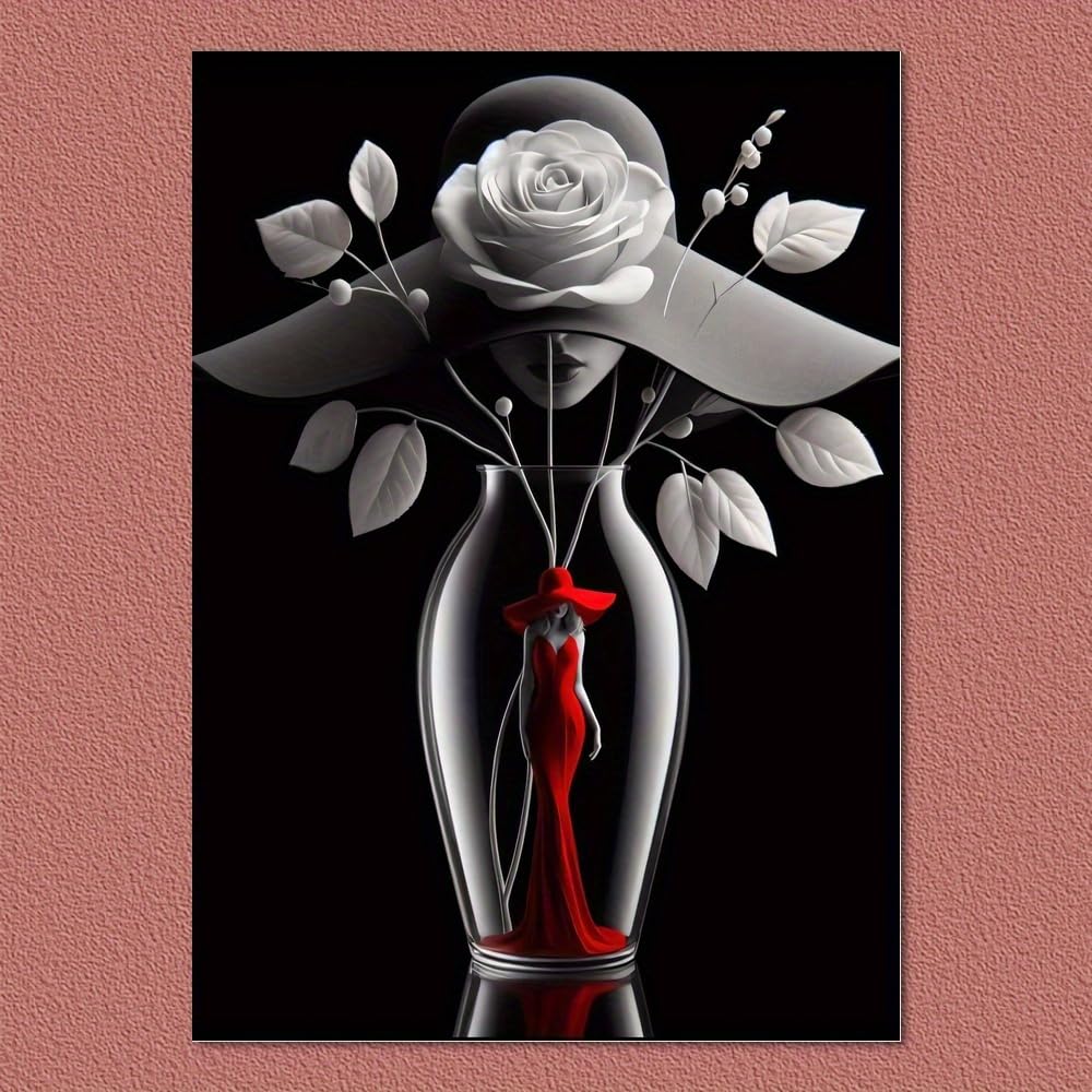 1 cuadro de pared con la imagen de una hermosa mujer vestida de rojo, estilo animación con motivos florales, ideal para sala de estar, dormitorio o baño (55 x 75 cm con marco).