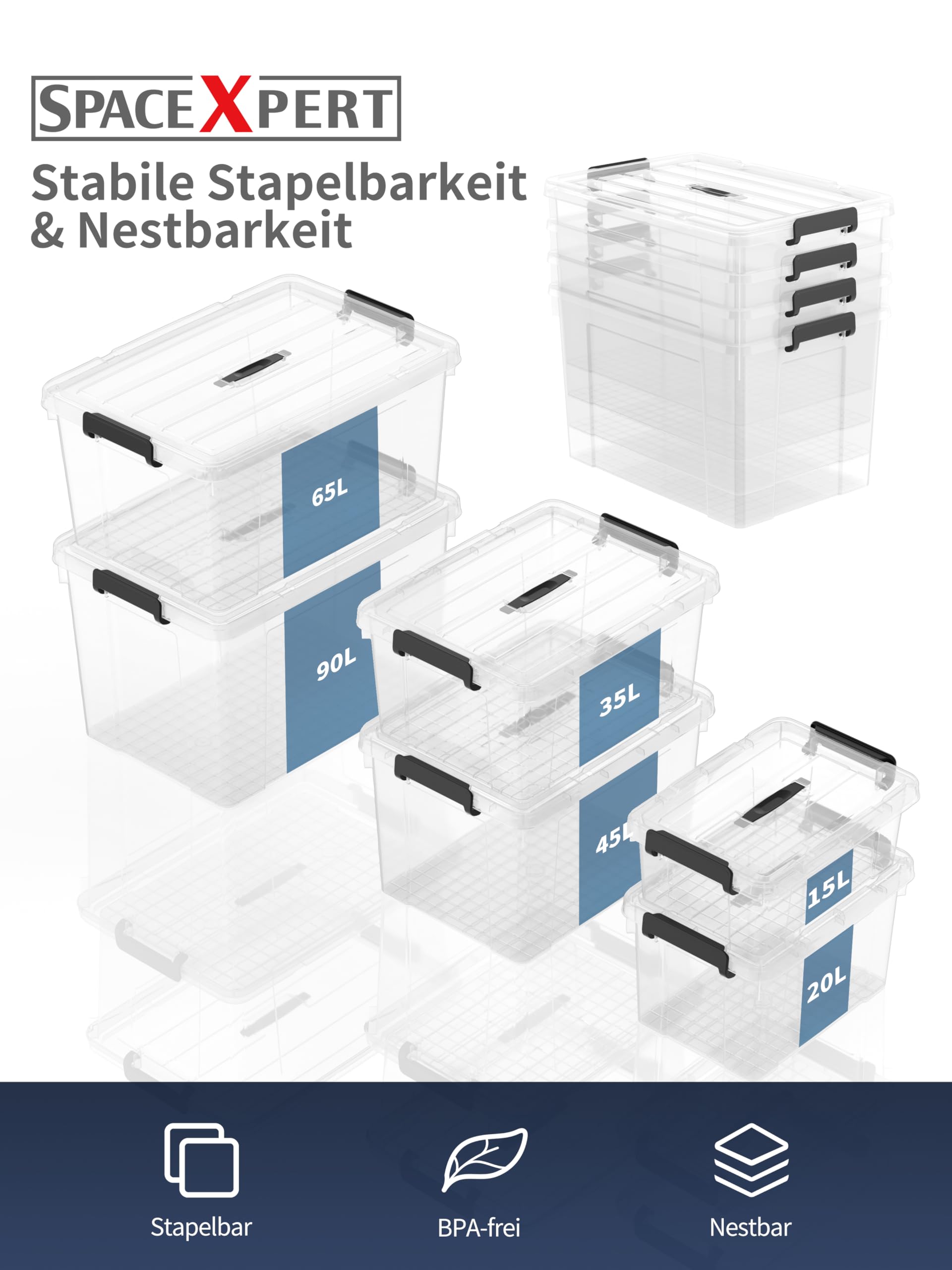 SpaceXpert Opbergdozen, opbergdozen, draagbare kunststof dozen met handvat, stapelbare organisatiedozen voor slaapkamer, kantoor, school, transparant zwart, 35 l ( set van 4