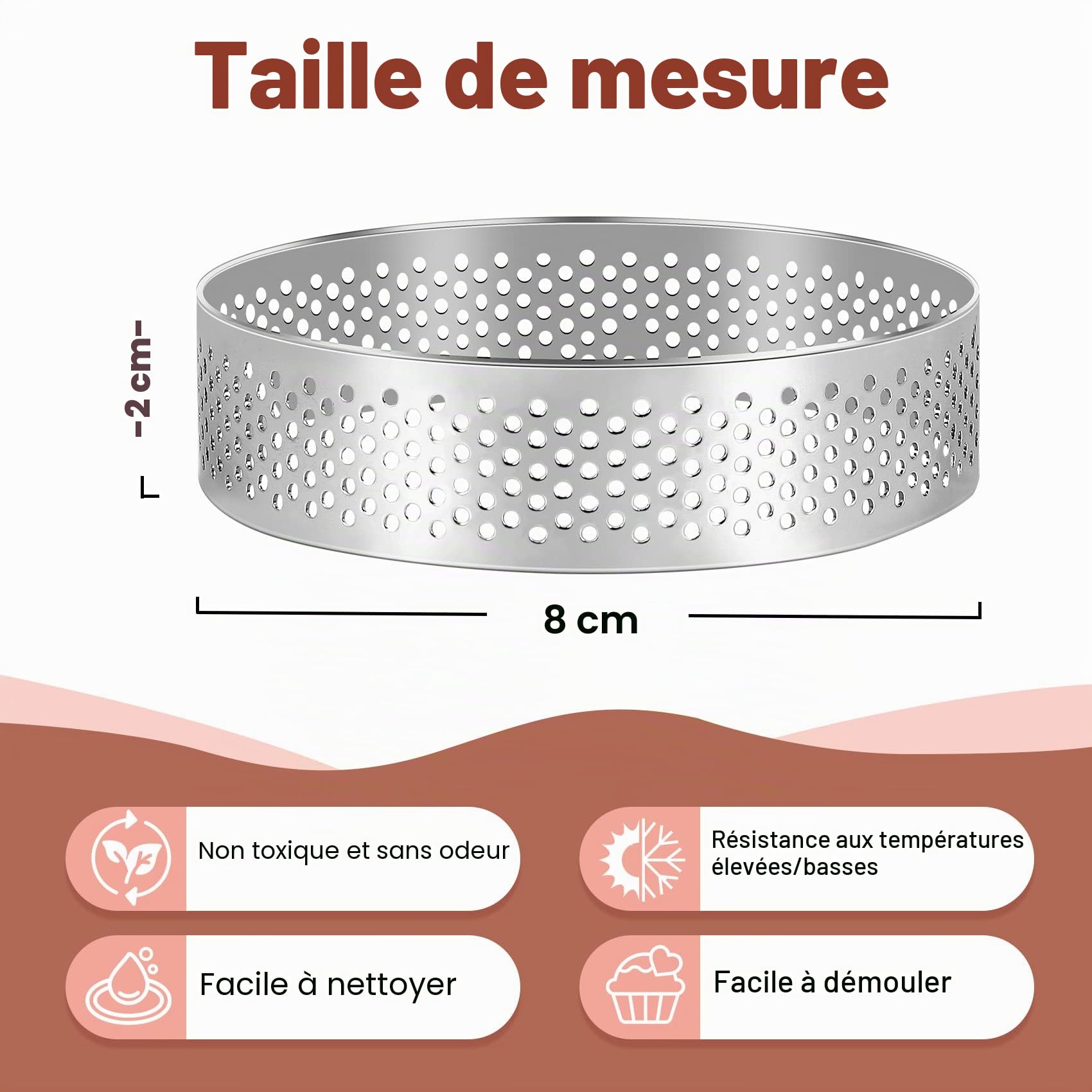 Lot de 10 moules en acier inoxydable, 6 cm, ronds, perforés, pour desserts, pour tartes aux fruits, quiches, mousse, avec revêtement antiadhésif, ustensiles de cuisine inoxydables