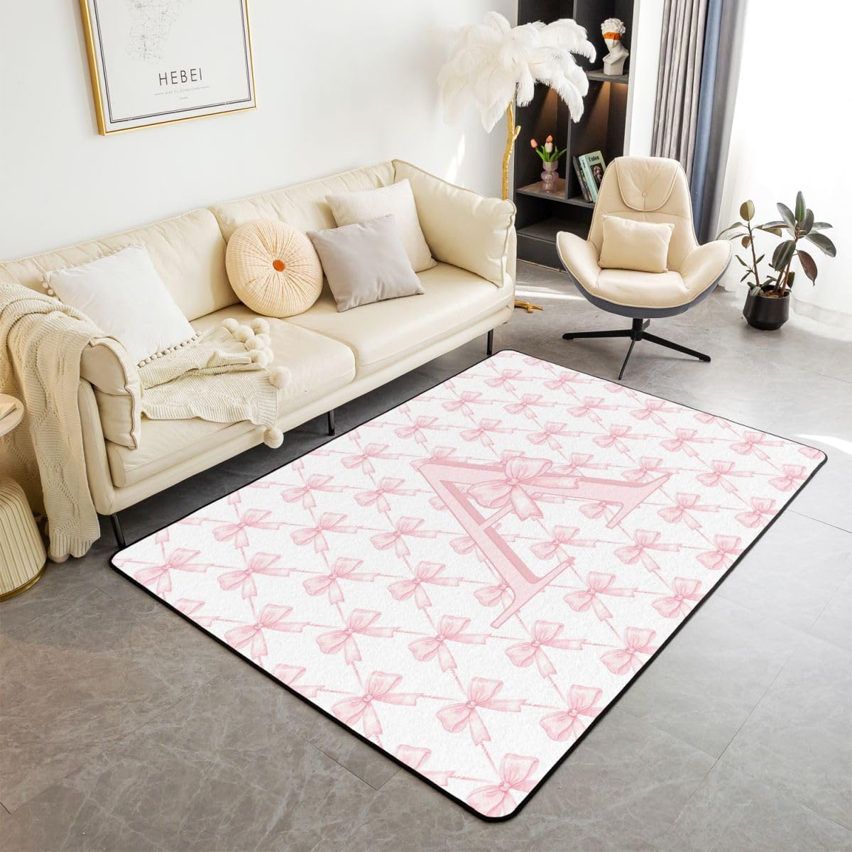 Tapis Salon 100x150cm Rose Noeud Papillon Tapis D Intérieur Letter 'a' Imprimer Antidérapant Doux Lavable Kawaii Princesse Style pour Salon Chambre Salle À Manger Cuisine Rose A