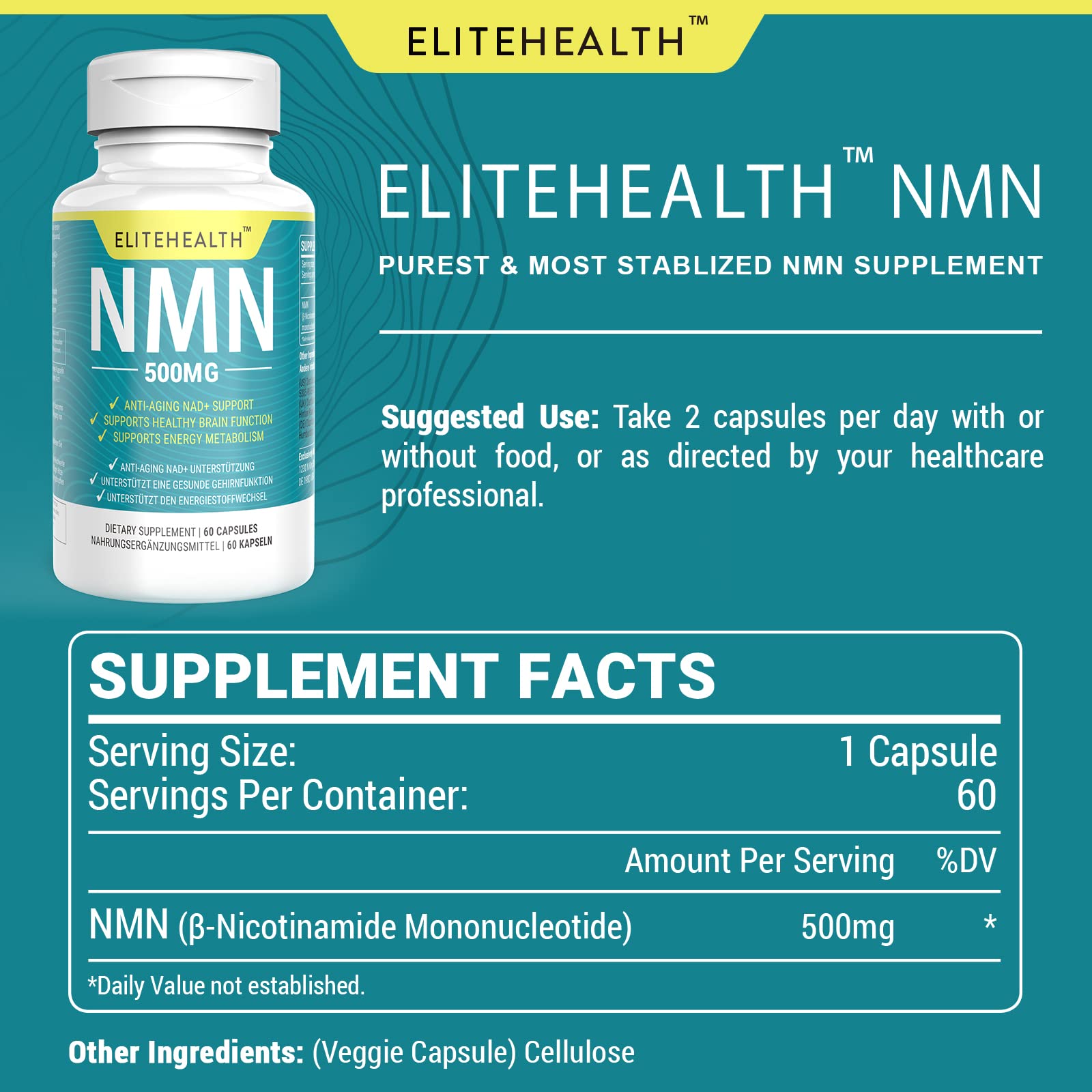 Buy ELITEHEALTH Vegan NMN Supplement 500mg Higher Absorption NMN