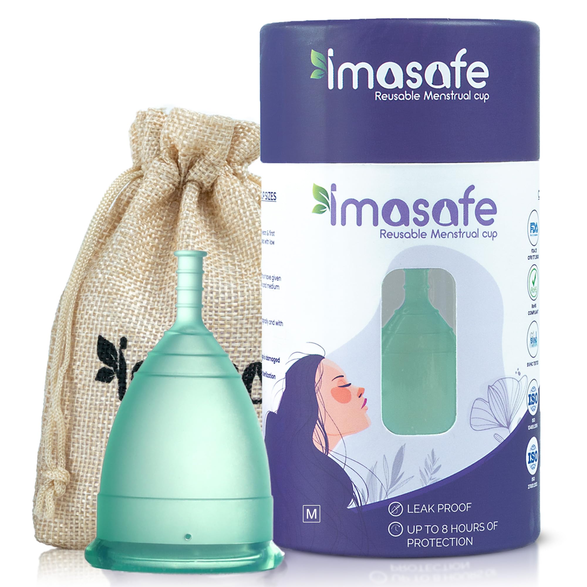 Imasafe Menstrual Cup Medium Size for Women (Aqua Green) – Reusable Period Cup | US FDA Registered | 100% Medical Grade Silicone | Ultra Soft & Flexible | Odour, Rash & Itch Free | Leak-Proof Menstrual Cups | 8–10 Hours Protection | Period Cups for Womens