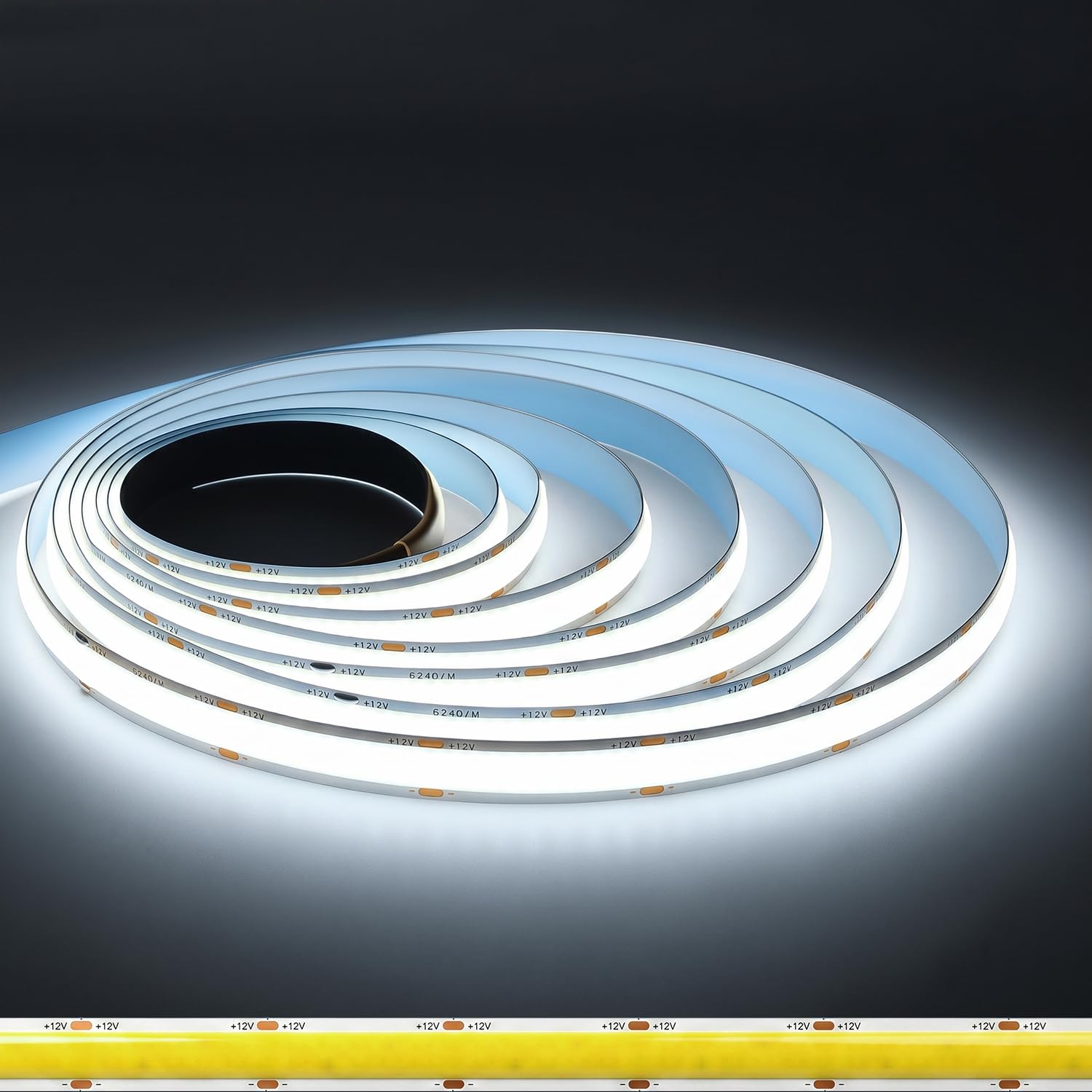 FWoche Double Row COB LED Strip 12 V Cold White 6000 K 2 m 12 mm Wide without Power Supply 624LEDs/m High Density CRI90+ Dimmable Self-Adhesive LED Strip Super Bright for Indoor Lighting