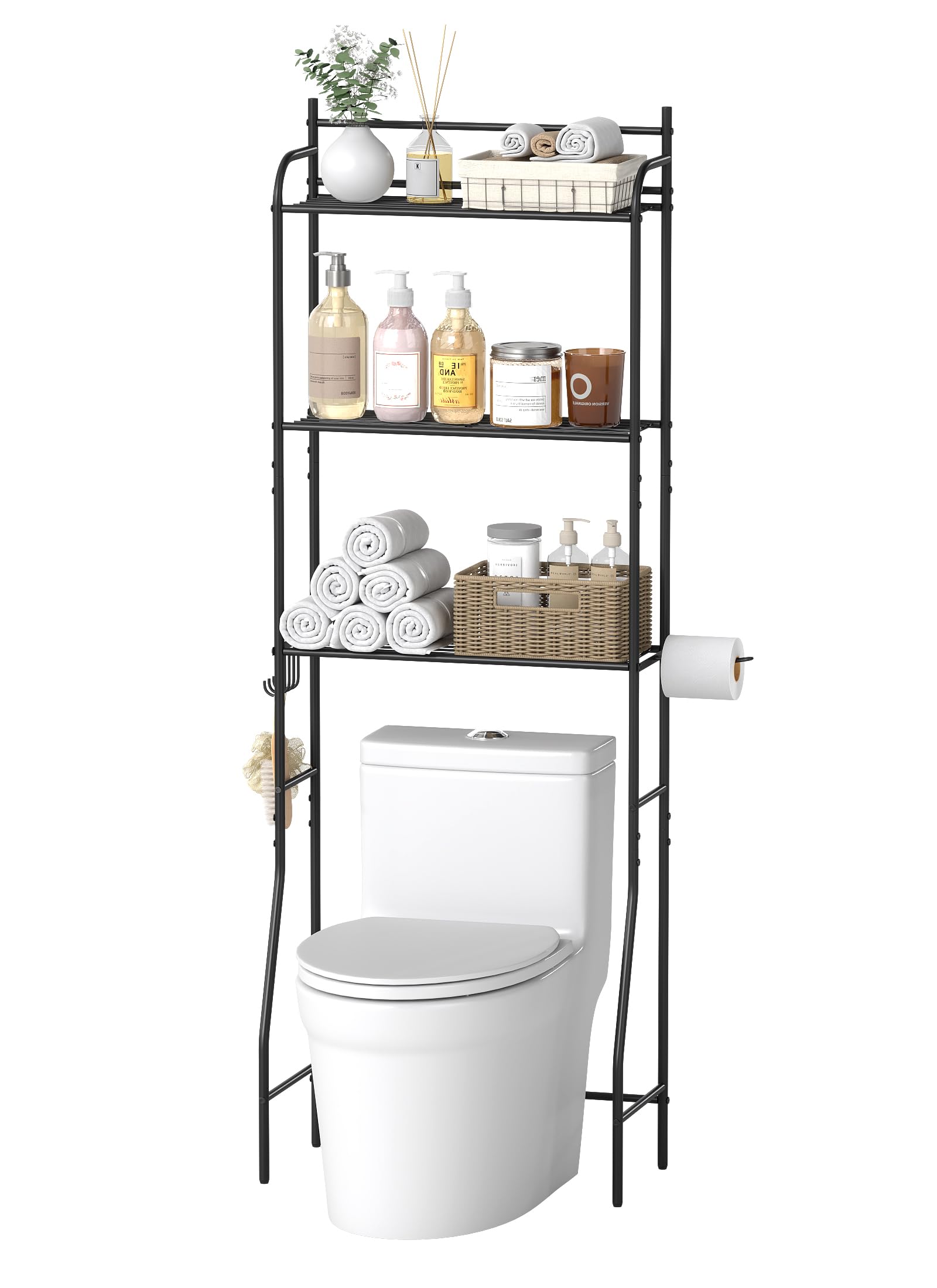 - 3-Tier Over The Toilet Storage, Bathroom Organizer, Space-Saving, Above Toilet Storage Rack with 4 Hooks and Paper Holder, Metal Shelf, Black