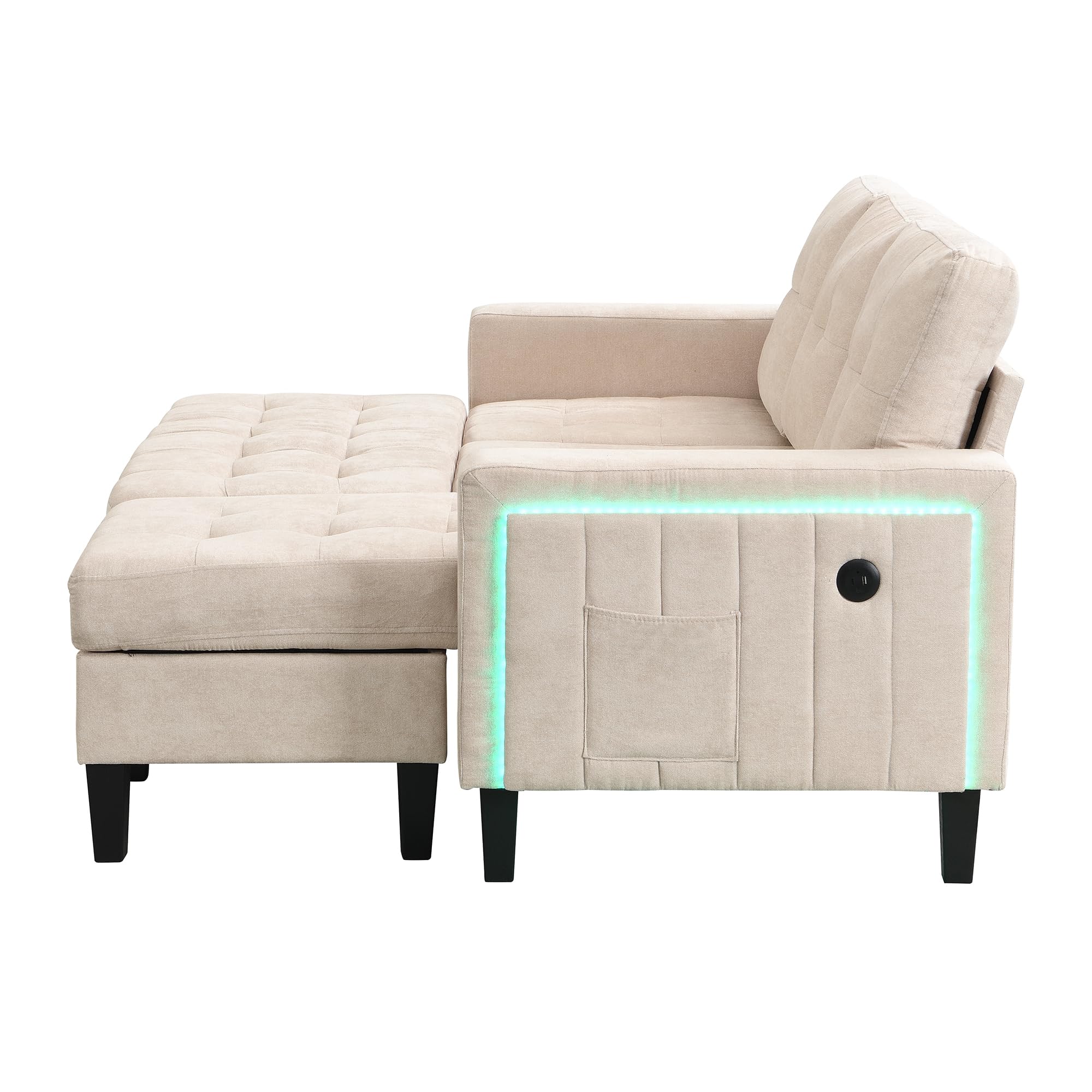 Canapé Modulable L 3 Places avec Ottoman XXL, LED et USB - Convertible en Lit Double, Tissu Chenille - pour Salon ou Appartement