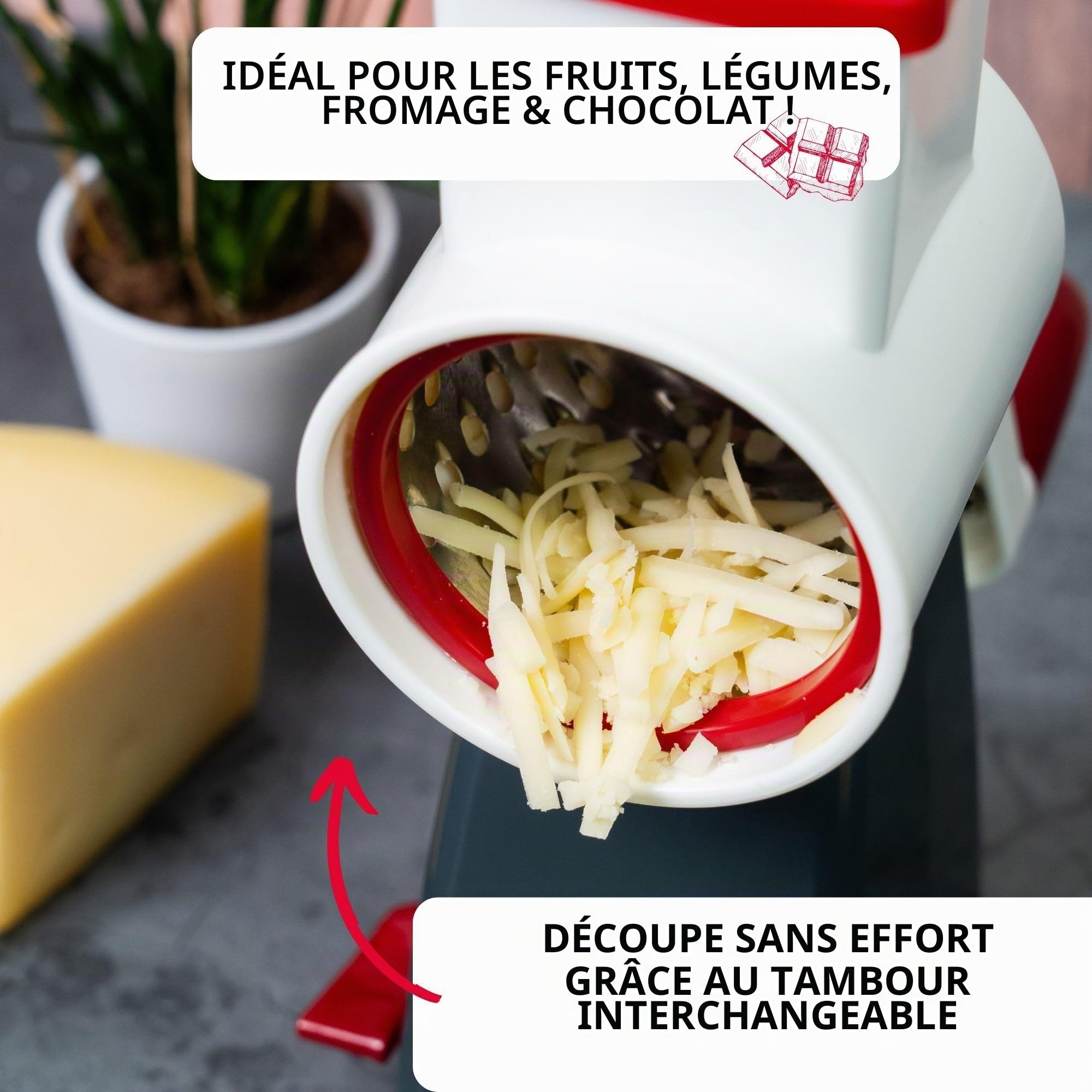 Westmark Râpe à Tambour avec 4 Trémies de Coupe, Râpe/rabot à Tambour, hauteur : 28 cm, Plastique/acier inoxydable, blanc/rouge/argent/noir, 97602260