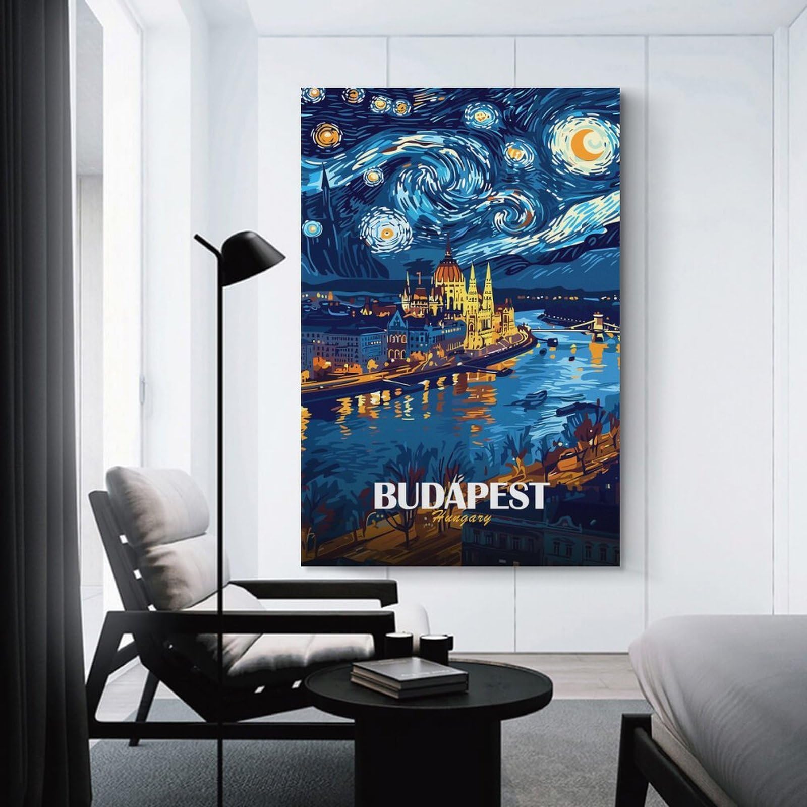 Junmoney Wall Picture Print Budapest Hungary Starry Night Art, 24x36inch(60x90cm), for Living Room, Bedroom, Office Or Hallway, A Flexible Wall Accent for Shared Spaces